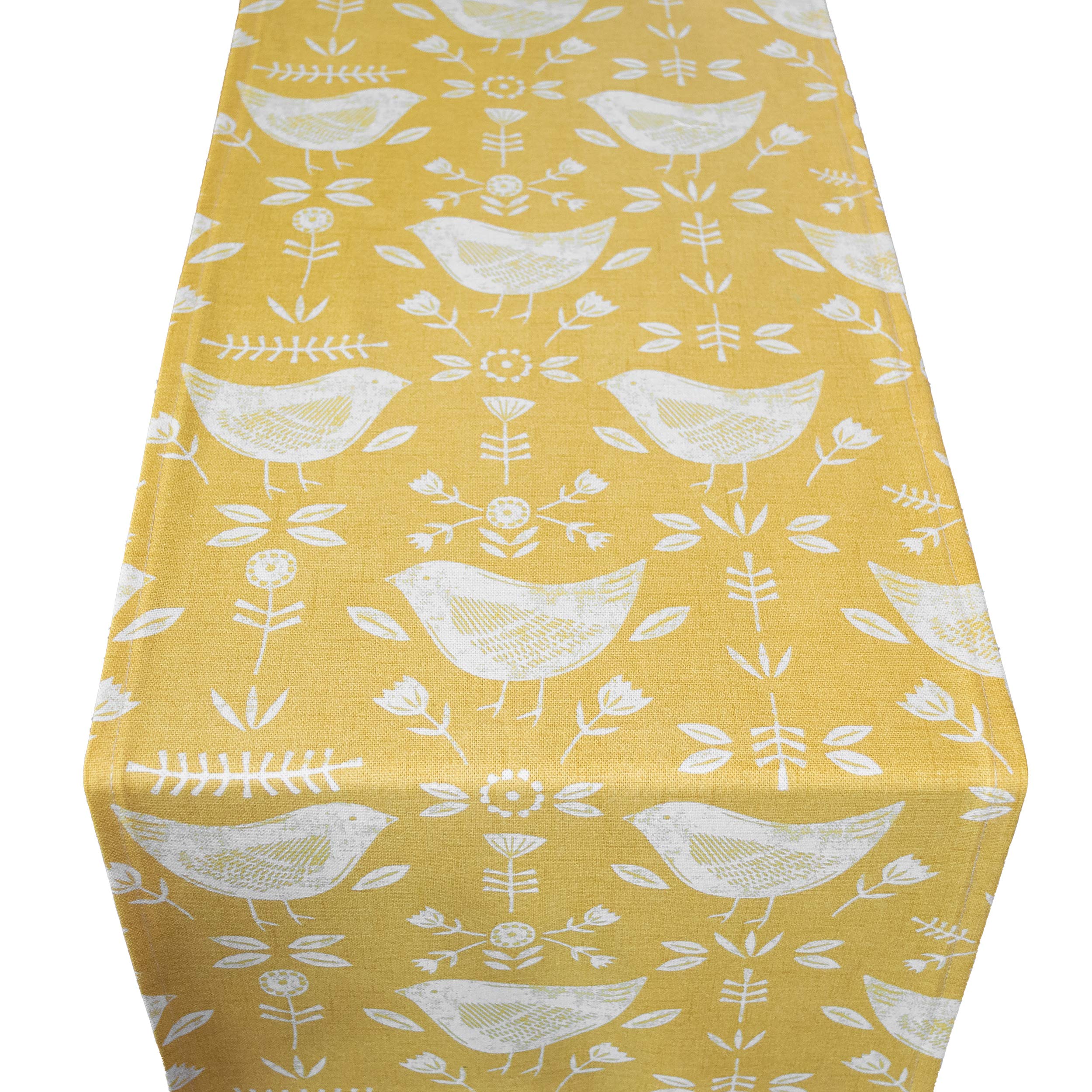 Linen Loft Yellow Scandinavian Birds Table Runner. Modern Ochre Mustard With Birds And Geometric Floral Design. Dinner Party Table Decoration. Available In Two Sizes. (30Cm X 230Cm)