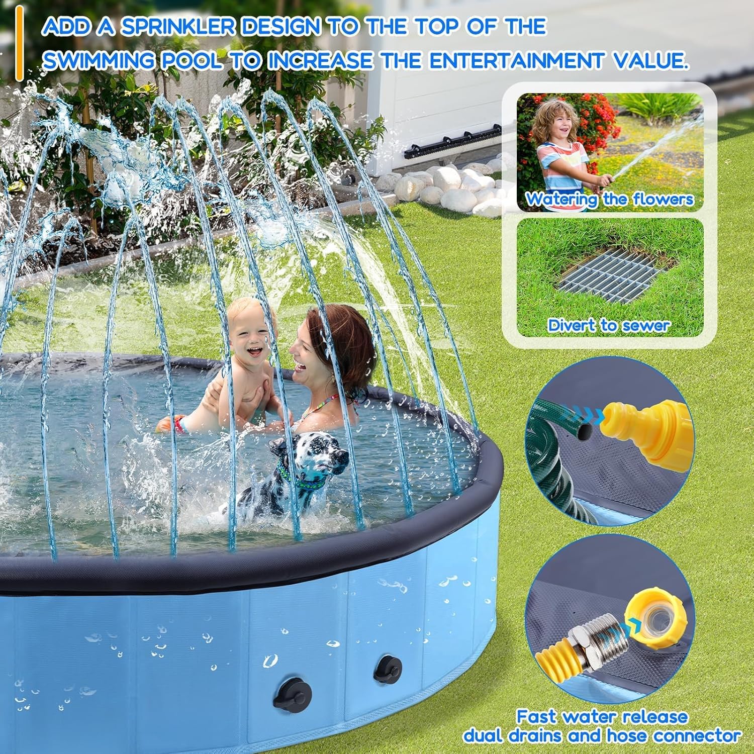 Giant Dog Pool with Sprinkler 95" 2-in-1 Foldable Non-Slip Bathing Tub Heavy Duty Dog Swimming Pool for Outdoor Backyard Summer Large Dogs Cats Pet