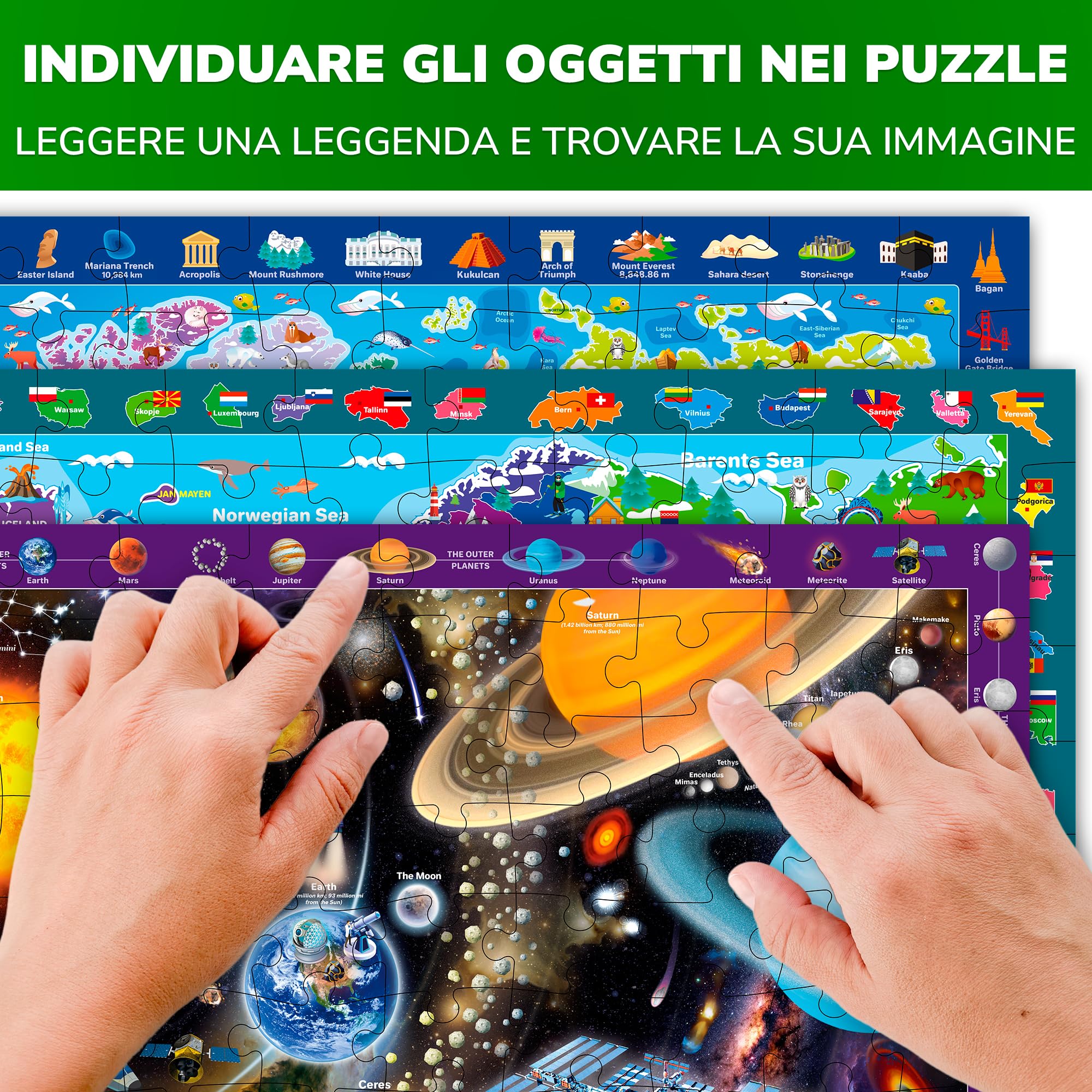 QUOKKA Puzzle 100 Pezzi Bambini 4 5 6 Anni – Set di 3 Puzzle Mappamondo Bambini 6 7 Anni – Gioco Educativo con Spazio Europa e Mappa del Mondo – Giocattolo Regalo per Ragazzi e Ragazze dai 4 ai 9