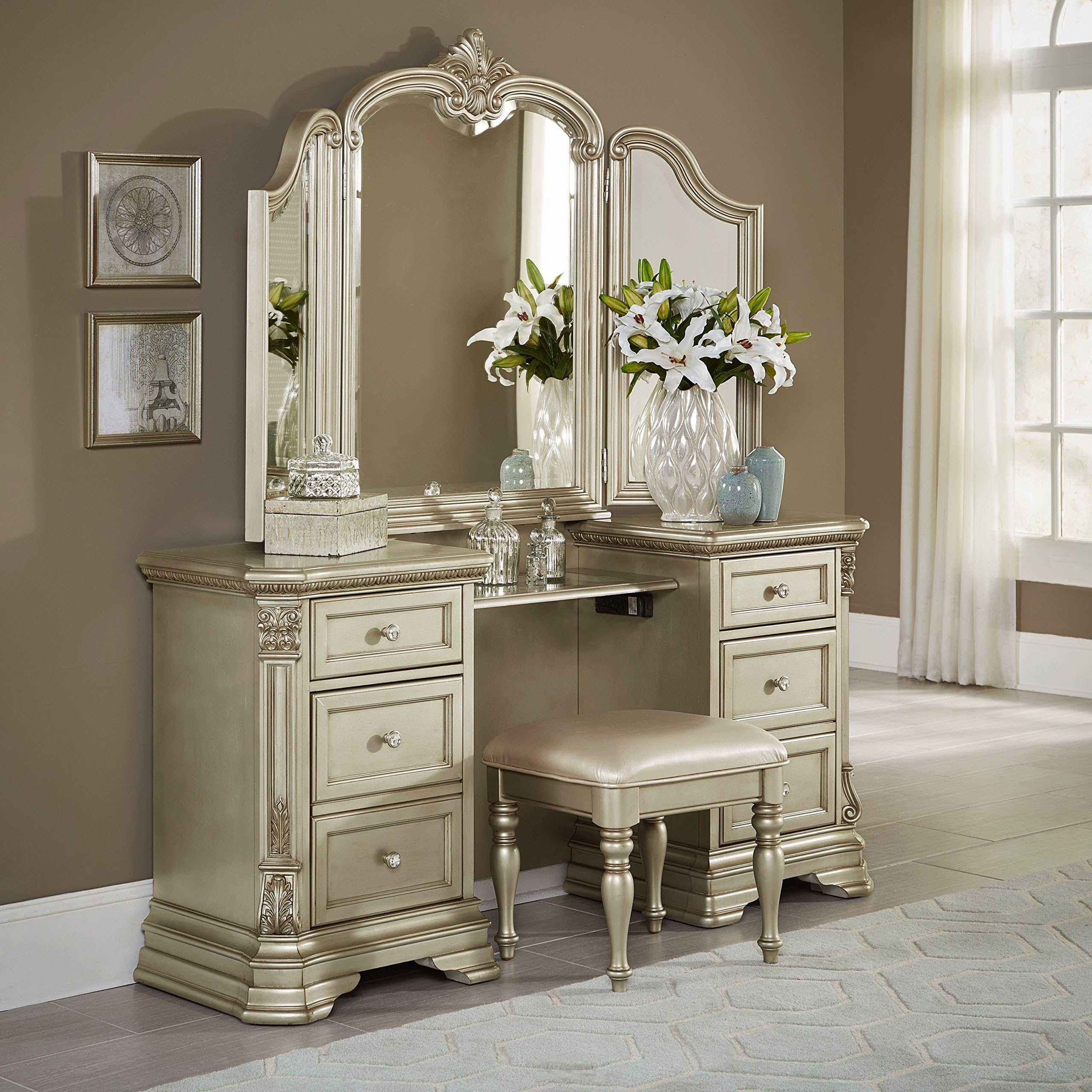 HEFX Antoinetta 3 Piece Vanity Make Up Table, Mirror and Bench Set in Champagne Gold Victorian