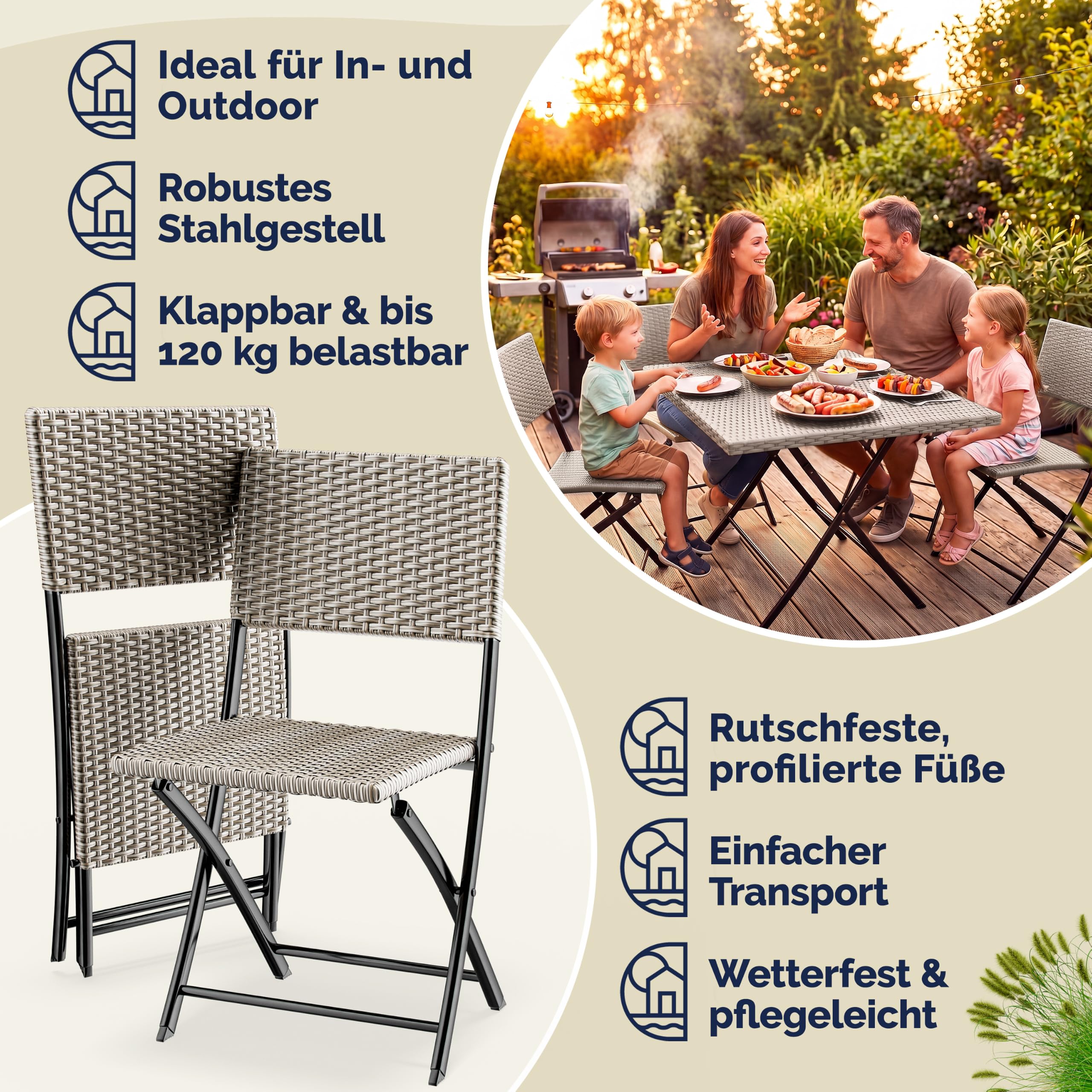 Casaria® Polyrattan Klappstuhl 2er Set Creme leicht faltbar bis 120kg belastbar tragbar wetterfest Stuhl Sessel Balkon Terrasse Garten Camping Stuhl Sessel