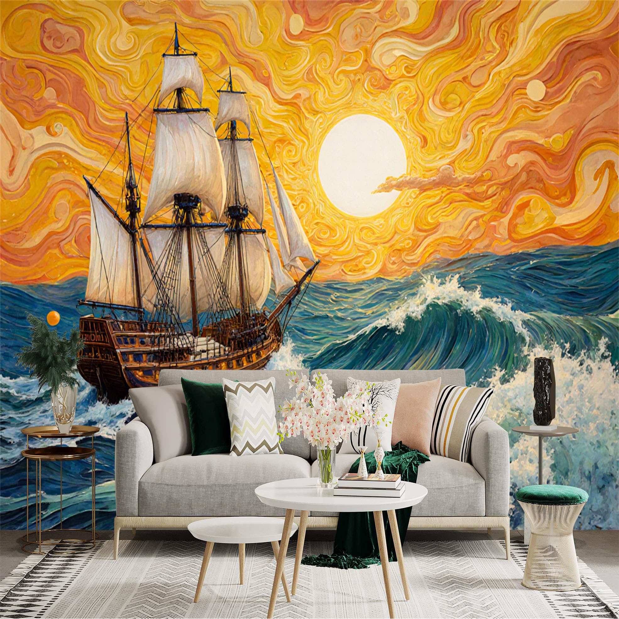 Lnzczhyre Xc260505565 Custom Size Wall Sticker Mural， Sailing Ship On Rough Ocean， Golden Sunset Sky， Large Sea Waves， For Wall Decoration， Peelandstick Wall Decals.