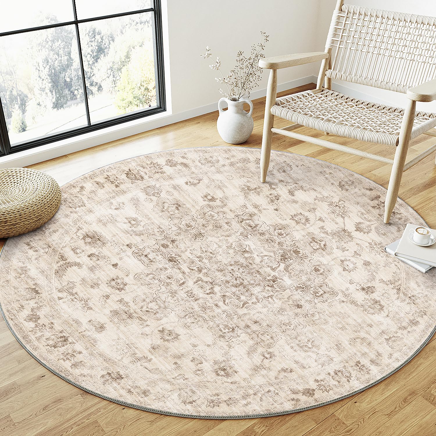 wondrg 4x4 washable neutral round rug beige vintage entryway kitchen cirlce rug non-slip soft low pile floral indoor carpet for entrance bathroom dining room