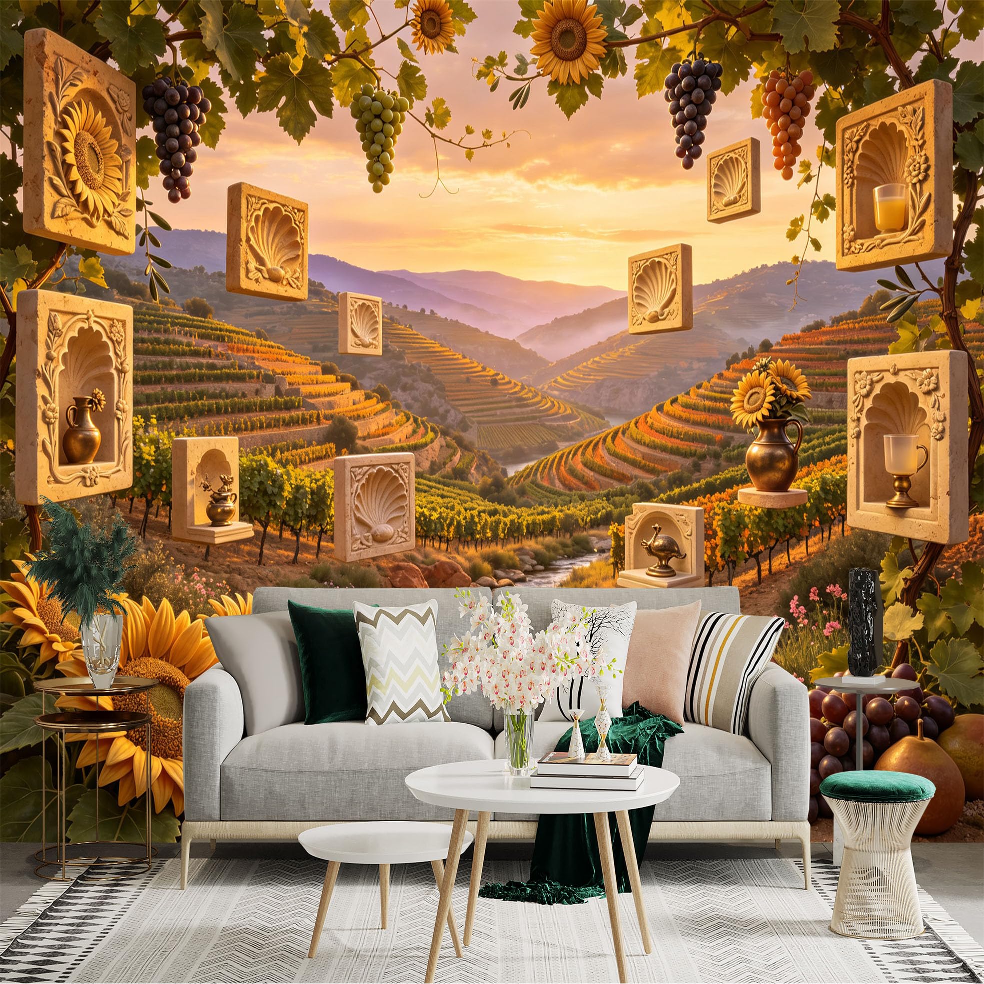 Lnzczhyre Bh260719525 Custom Size Wall Sticker Mural， Tuscan Vineyard Landscape， Sunset Over Terraced Hills， Ripe Grapes And Sunflowers， Rustic Stone Niches， For Wall Decoration， Peelandstick Wall Decals.