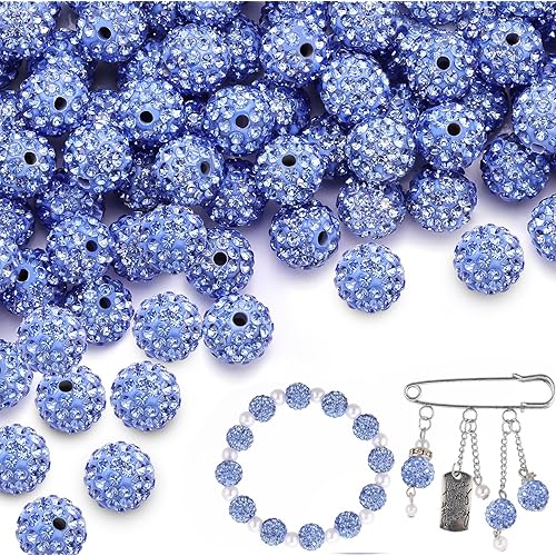100 pcs 10mm Rhinestone Beads for Jewelry Making, Light Blue Shiny Round Shamballa Disco Beads Bulk, Sparkle Crystal Clay Christmas for Bracelet Baseball Necklace Earring Crafting and DIY