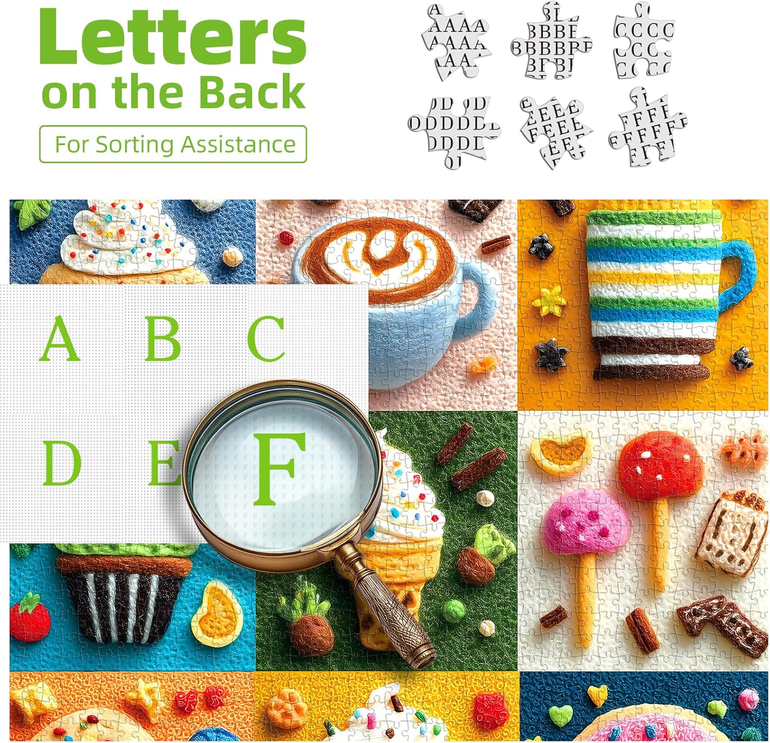 500 Piece Puzzle for Adult Embroidery Desserts Jigsaw Puzzle Cupcakes Coffee Ice Cream Donut Fabric Art Snacks Game Sweet Treats Puzzle with Letters on Back Challenging Gifts for Seniors & Families