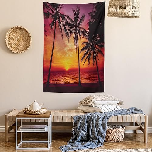 Miniatura 6 de Lunarable Tapiz tropical, playa tropical al atardecer con palmeras pacífica vista nocturna al océano, decoración para colgar en la pared de
