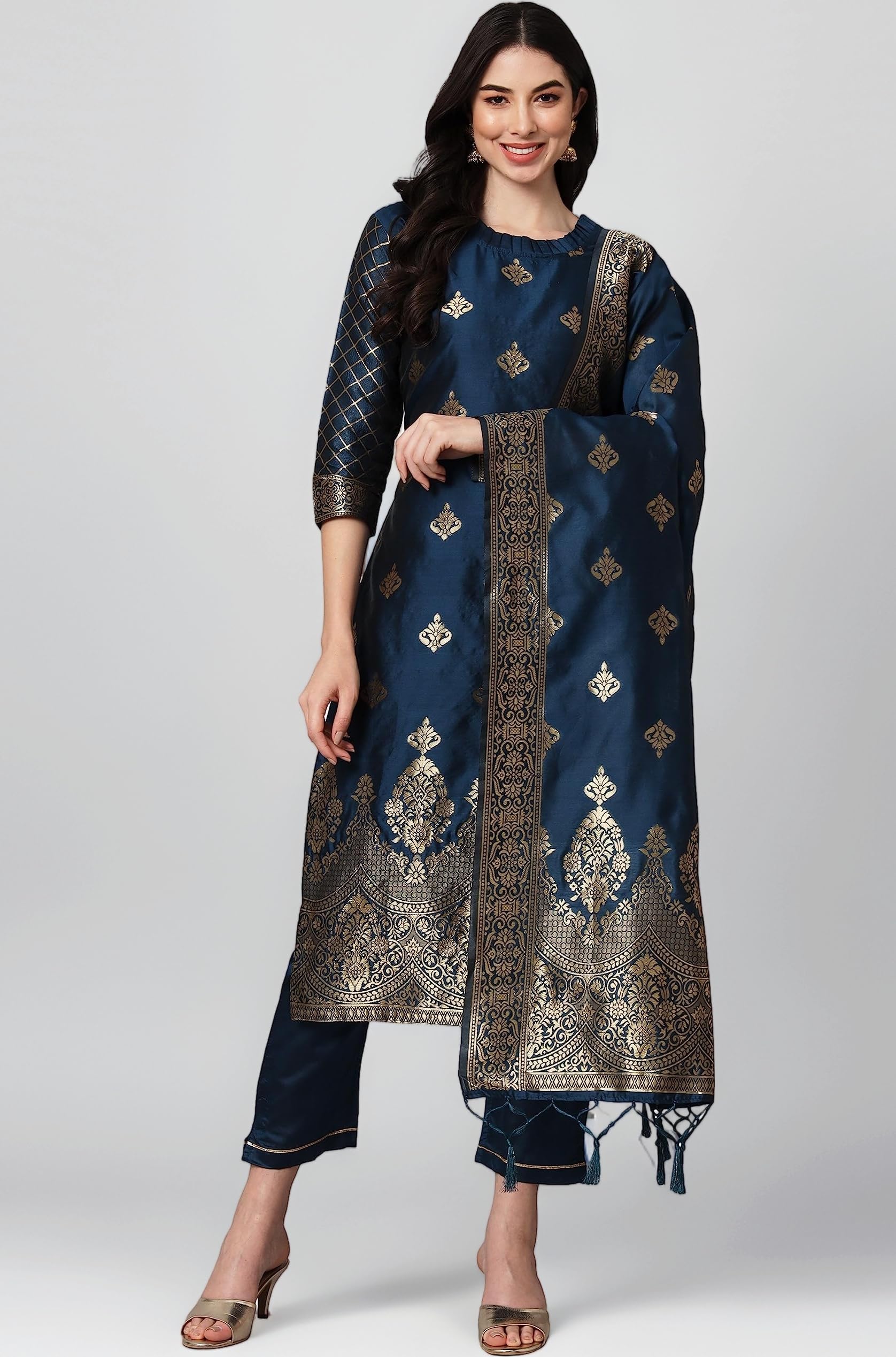 VredeVogel Women's Cotton Silk Jacquard Kurta Pant with Dupatta Set