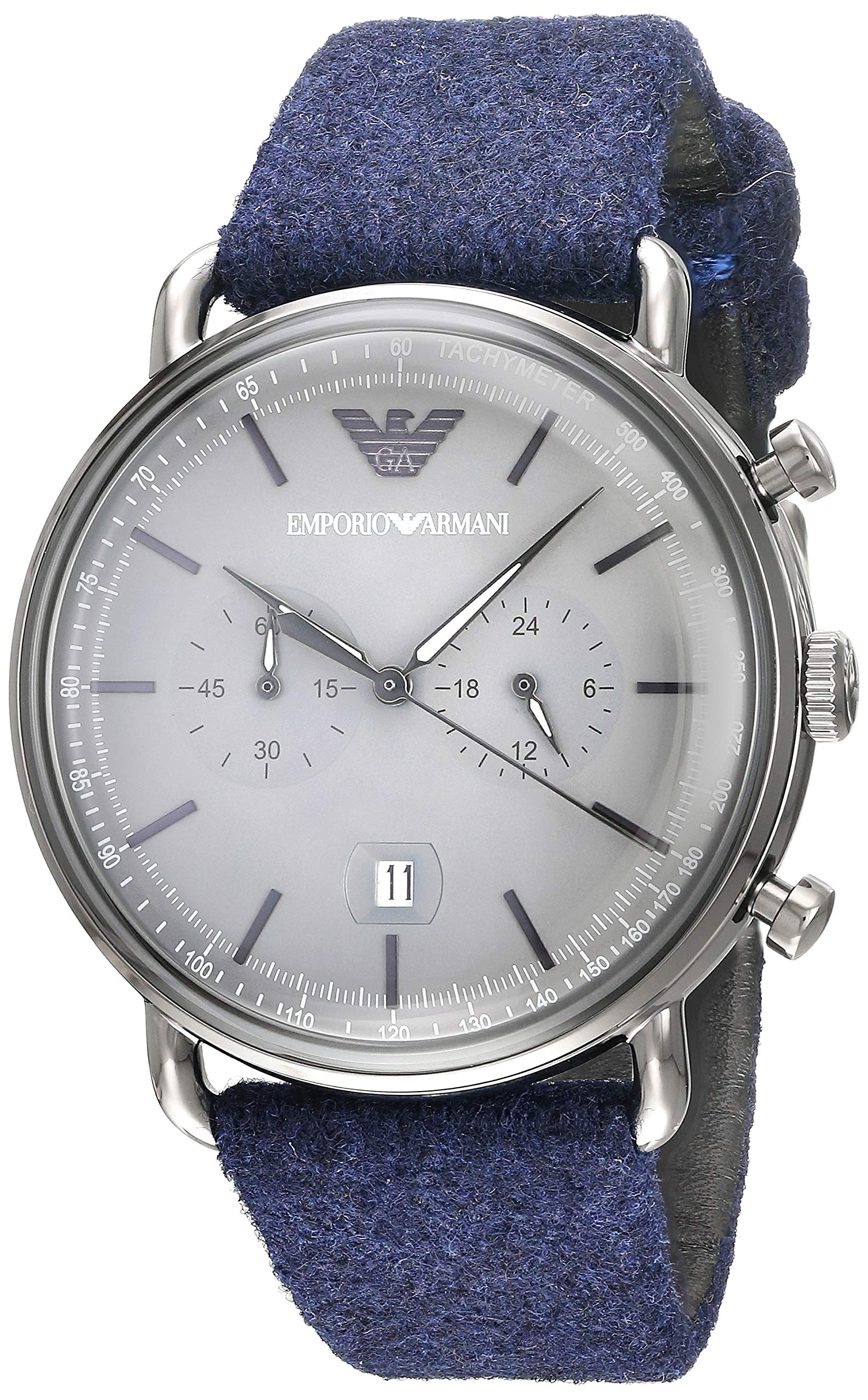 Emporio ArmaniMen's Gray Dial Leather Band Quartz Chronograph Watch, Silver/Blue