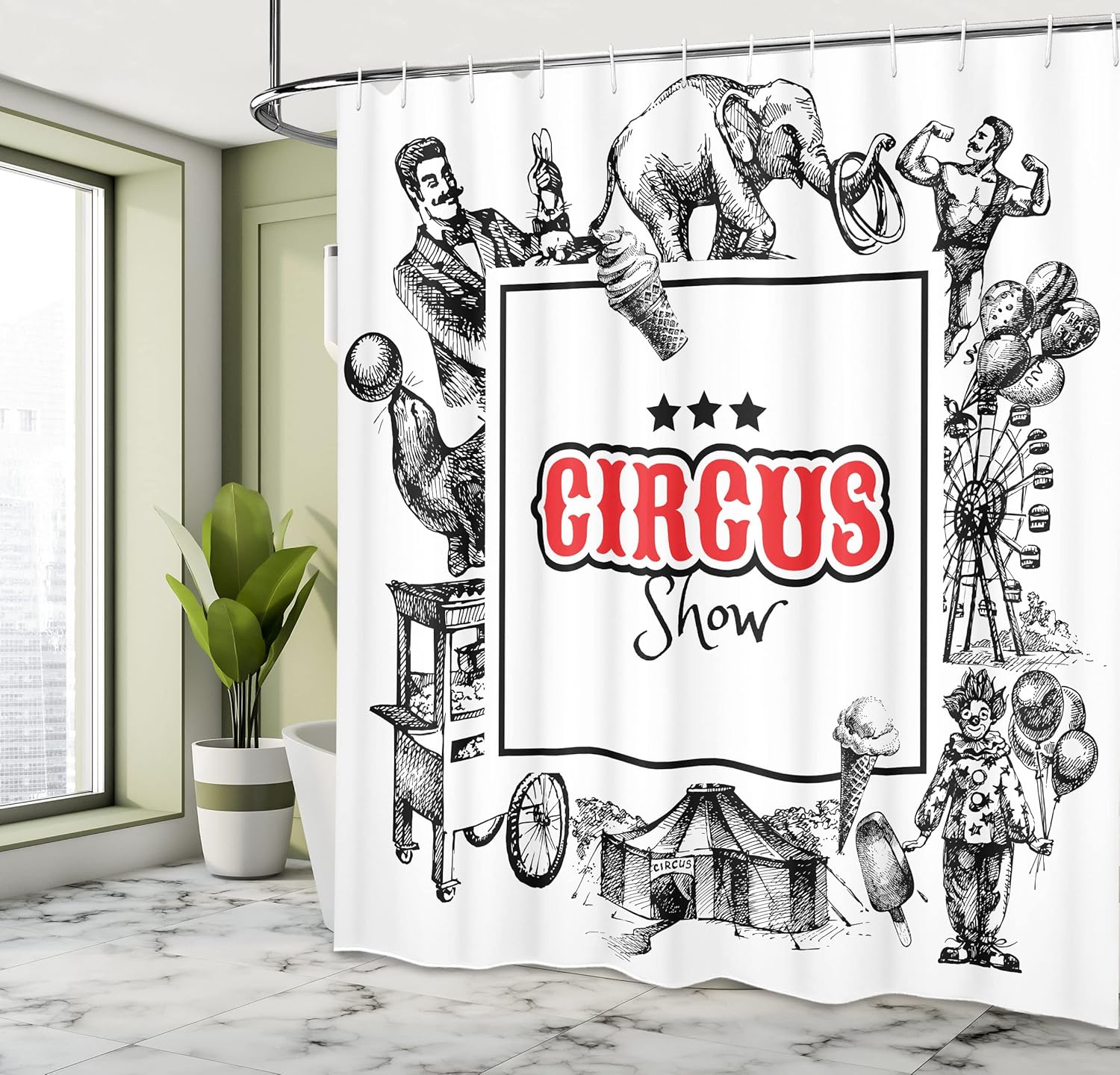 Ambesonne Vintage Shower Curtain, Circus Show Logo with Magician Creepy Tricks Performance Sketchy Art, Cloth Fabric Bathroom Decor Set with Hooks, 69" W x 70" L, Orange Black