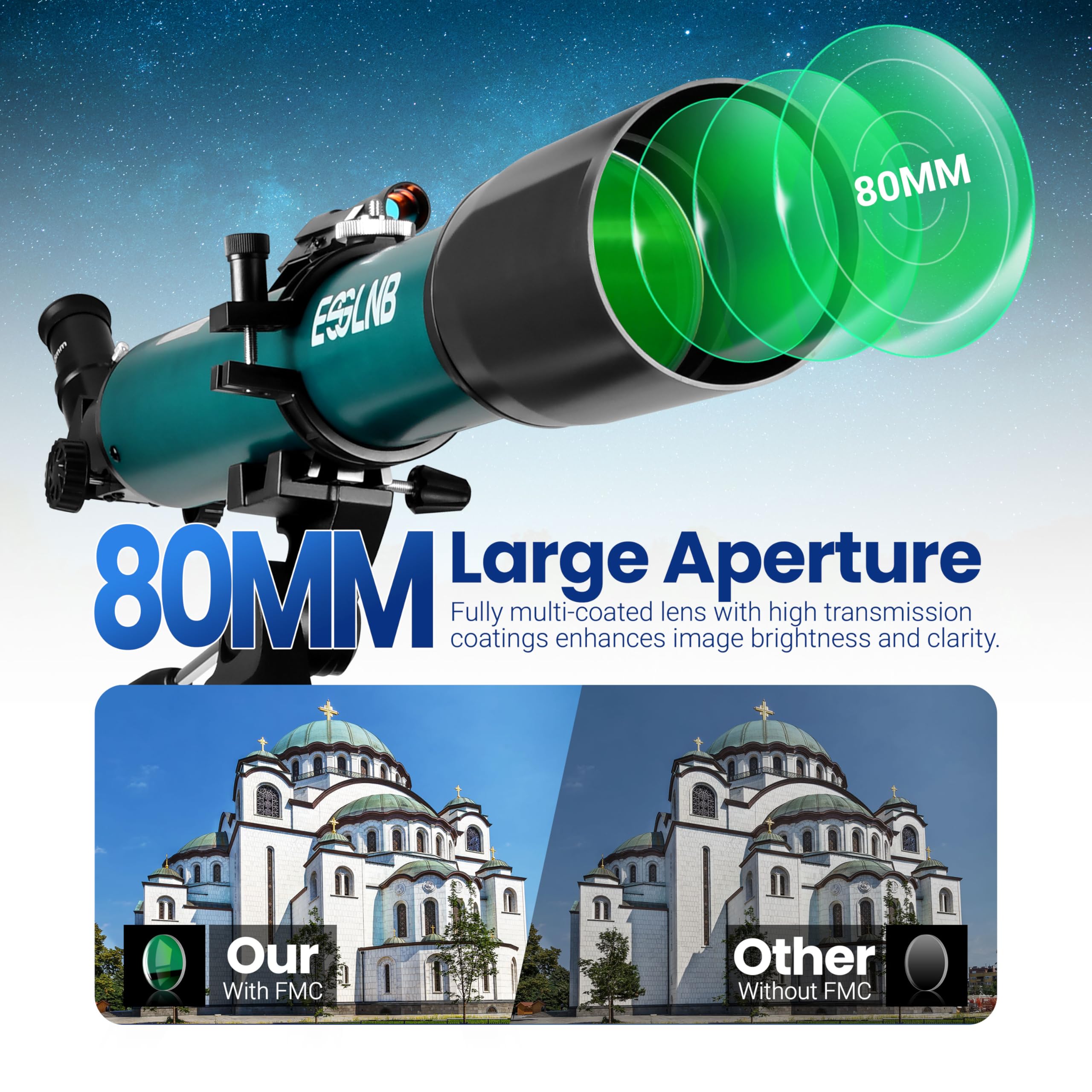 ESSLNB Telescopio 70080 Telescopio per Astronomia per Adulti con APP Stargazing Adattatore per Smartphone, Treppiede Regolabile, Mirino elettronico e Telecomando Wireless (Verde)