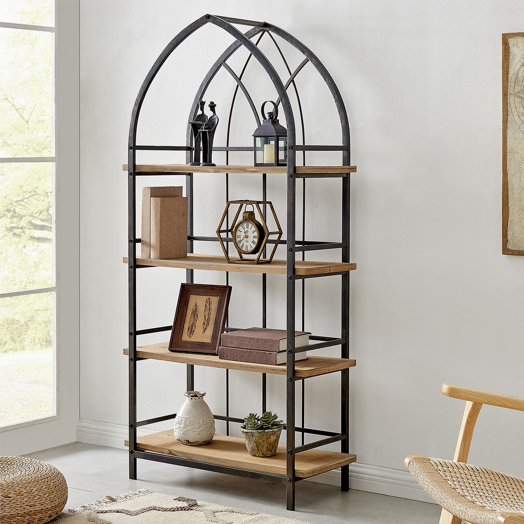 FirsTime & Co. Natural Ridgeway Arch Bookcase, Storage Shelf for Living Room, Bedroom, Bathroom, Kitchen, Home Office, Wood and Metal, Farmhouse, 31.5 x 13 x 64 inches