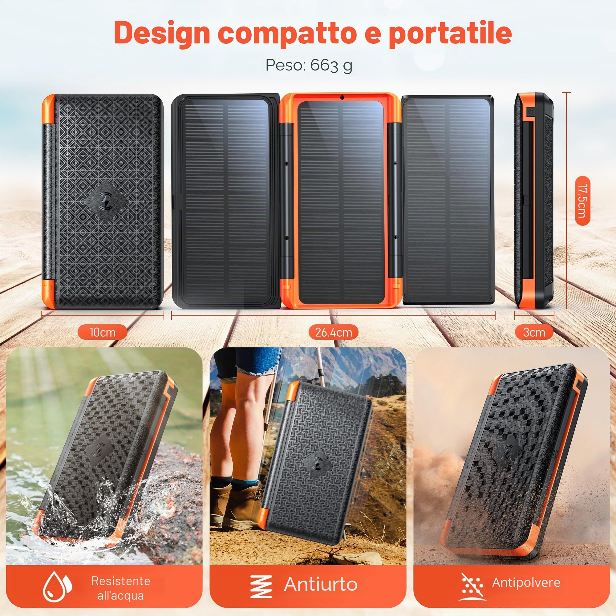 Power Bank 63200 mAh: Ricarica Rapida PD da 22,5 W, 5 Uscite, Caricabatterie Portatile Senza Fili con 3 Pannelli Solari Pieghevoli, Torcia, Display, Caricabatterie Solare ad Alta Capacità per