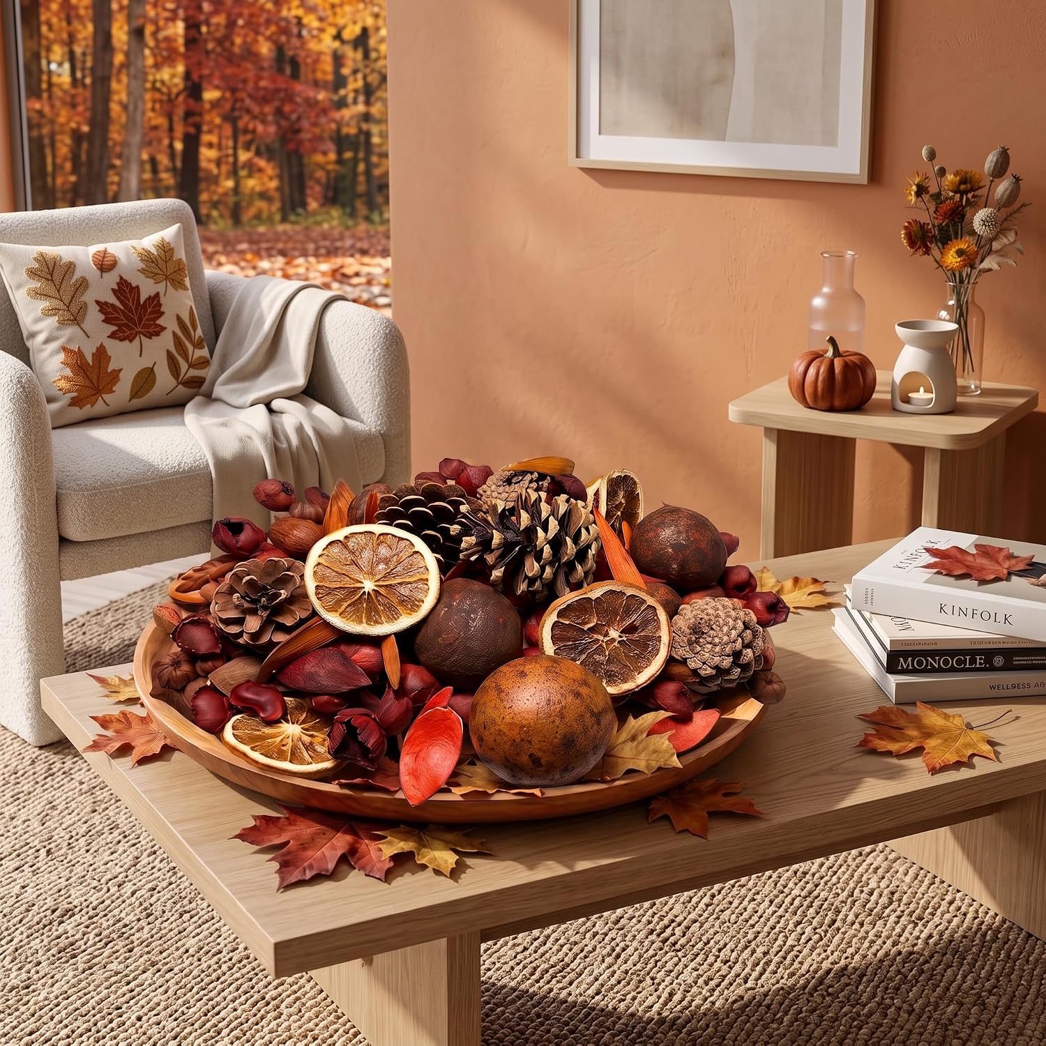 Potpourri Bag Bowl Fillers - Fragrant Fall Harvest Mix Featuring Dried Oranges, Mini Carved Pumpkins, Cinnamon Sticks & Pine Cones - Decorative Autumn, Halloween & Thanksgiving Rustic Home Decor