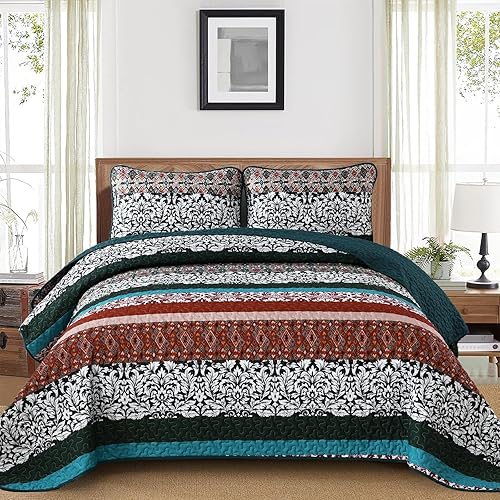 Juego de edredón bohemio gris tamaño Queen, juego de colcha de retazos a rayas gris oscuro de 3 piezas, juego de ropa de cama de microfibra suave