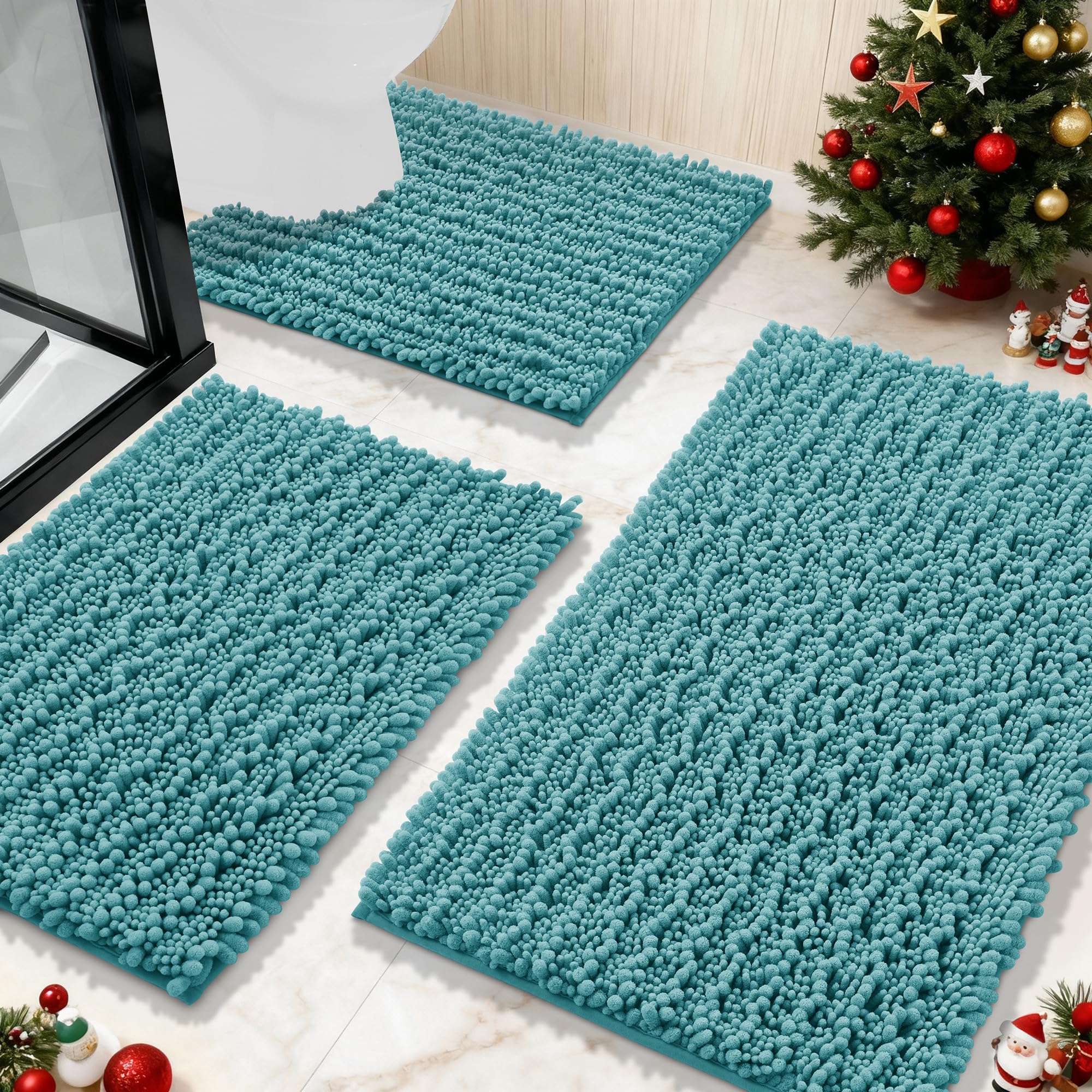 Yimobra Bathroom Rugs Sets 3 Piece, Fluffy Plush Chenille Baht Room Mats Set with Toilet Rug U Shaped, Soft Shaggy Absorbent Non Slip Shower Rug for Sink, Laundry Room Mat, Machine Washable, Teal Blue