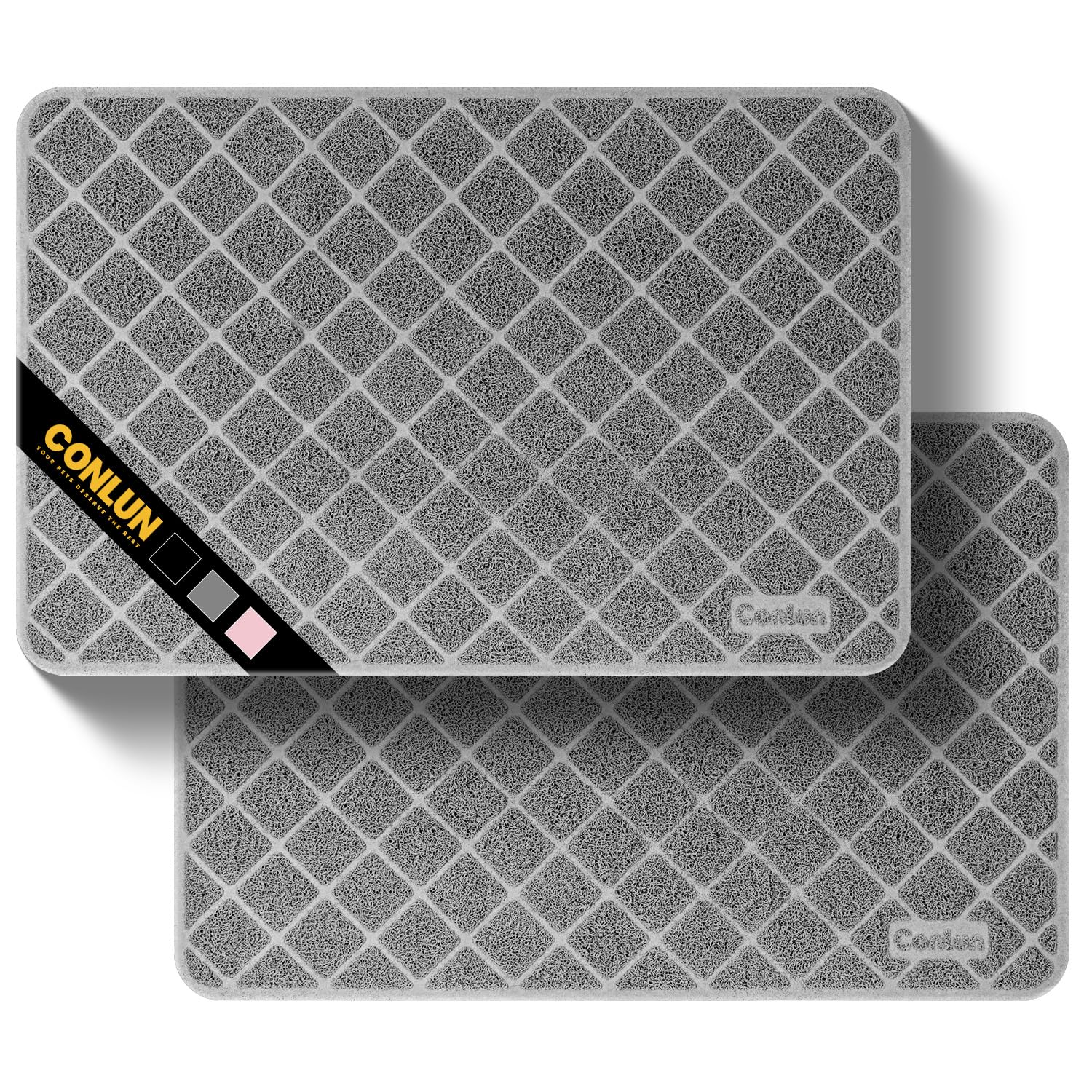 Conlun Cat Litter Mat Litter Trapping Mat, 89 x 58cm Cat Litter Tray Mat, Premium PVC Grid Mesh Scatter Control Design Litter Box Mat, Waterproof Urine Resistant Material, Easy to Clean, Grey 2 Pack