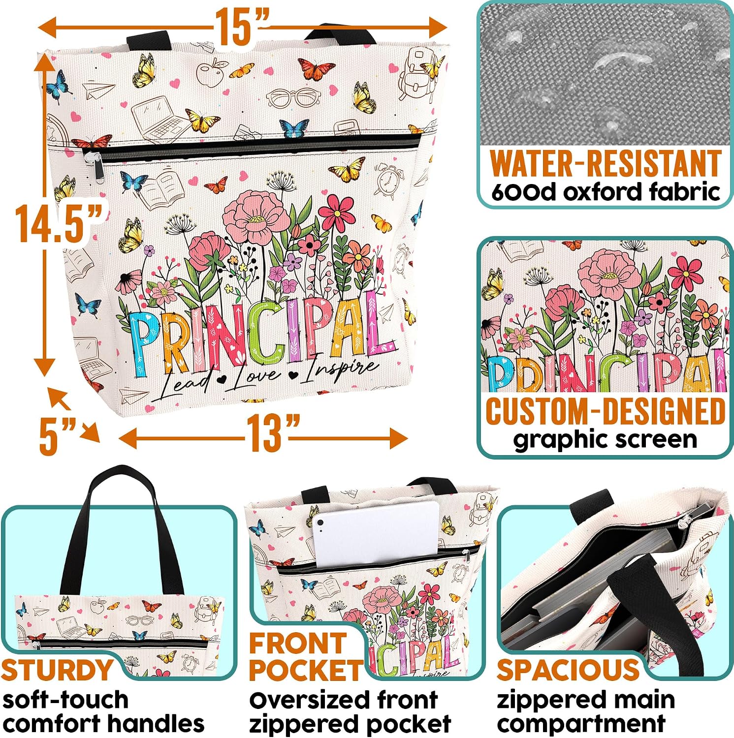84hoods Large Tote Bag for Women. Waterproof Bag with Pockets and Zipper. Gift for Principal.