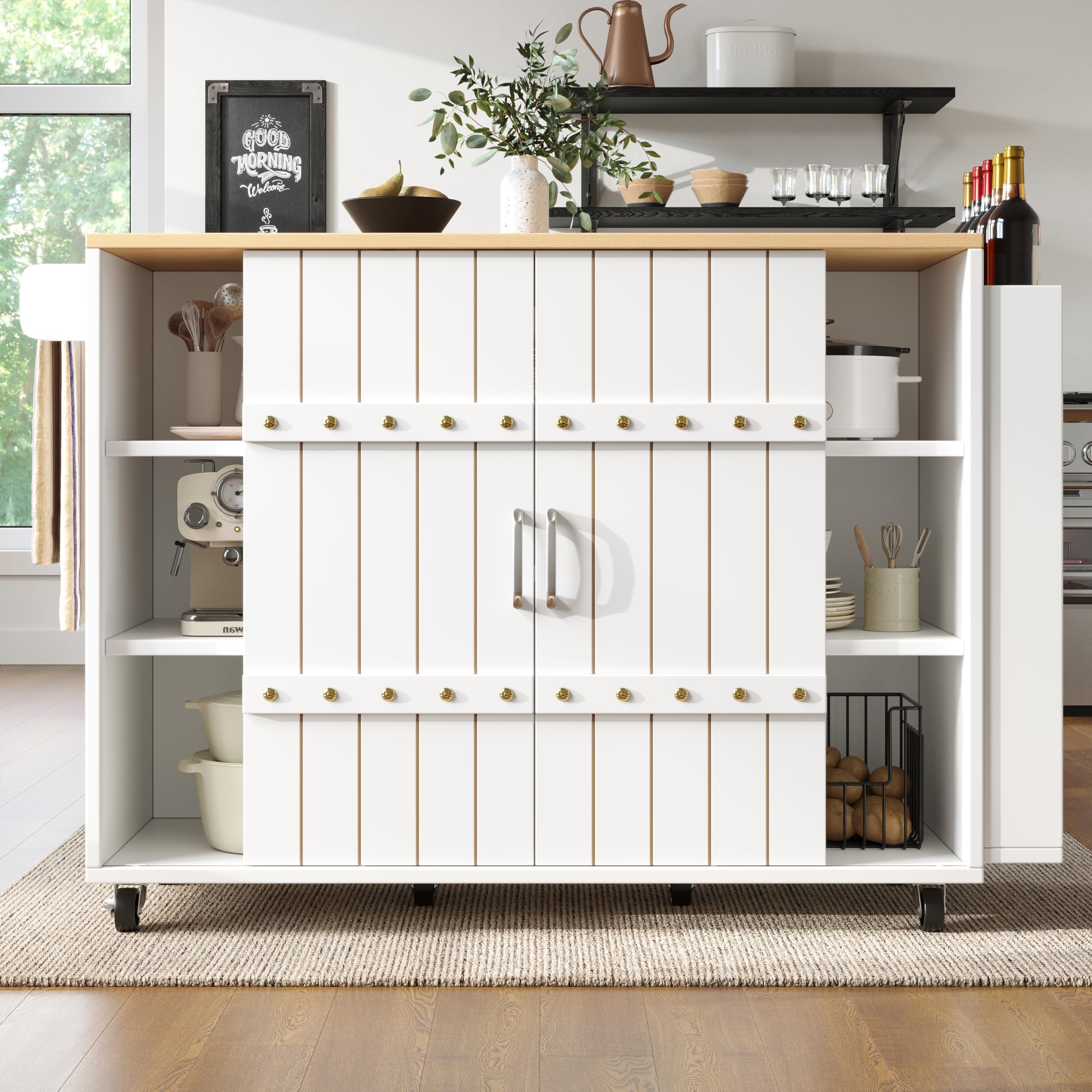 ModernLuxe Kitchen Trolley with Wheels, White Kitchen Island with Foldable Worktop, Serving Cart with Sliding Doors & Drawers, Spice Rack and Towel Rail, Wood Grain Finish