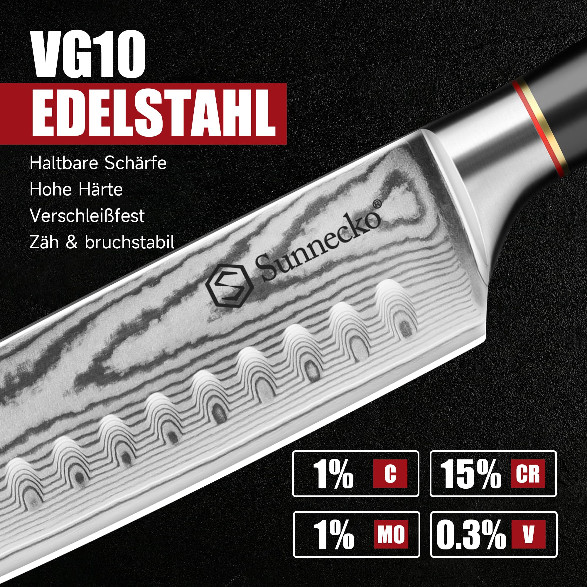 Sunnecko Santoku Messer Damastmesser 17cm, Hochwertiges Küchenmesser aus VG-10 Stahl, Fleischmesser mit Ergonomischem Griff, Schärfes Kochmesser für Lebensmittel