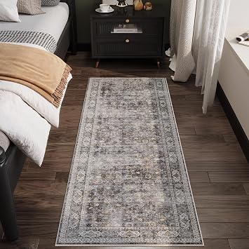 Runner Rugs Hallway Runner Rugs Washable Kitchen Runner Rugs with Rubber Backing 2'6 x 8' 100% Polyester Vintage Rugs for Indoor, Kitchen, Laundry, Bedroom Grey and Brown