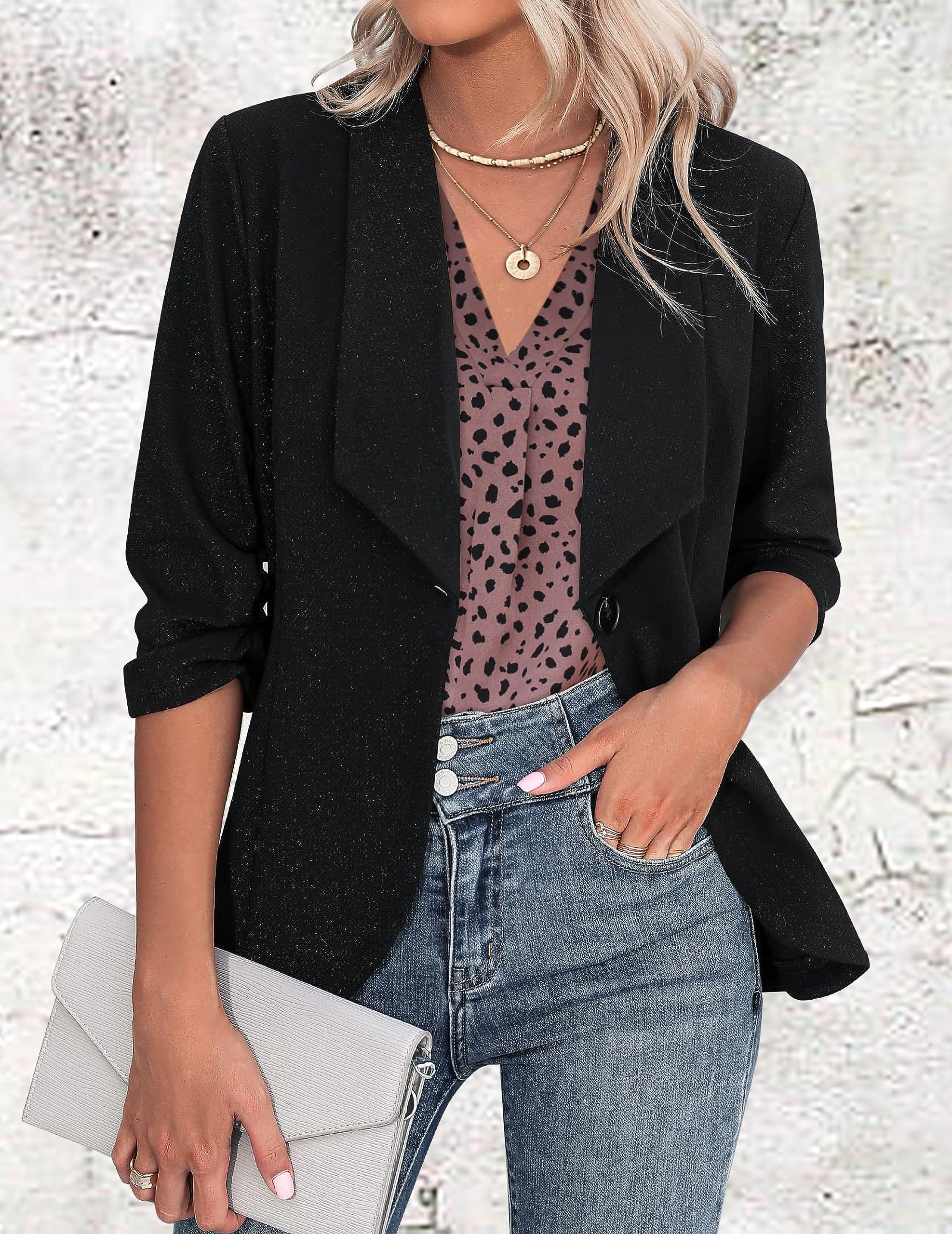 Long Sleeve Blouses for Women, Leopard Print Chiffon Tops V Neck Loose Business Shirts Casual Work Tunic