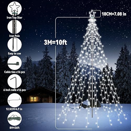 Miniatura 3 de Lomotech Luces para árbol de Navidad, 404 LED de 10 pies, luces dinámicas de poste de hierro en cascada con 16 soportes y parte superior de estrella
