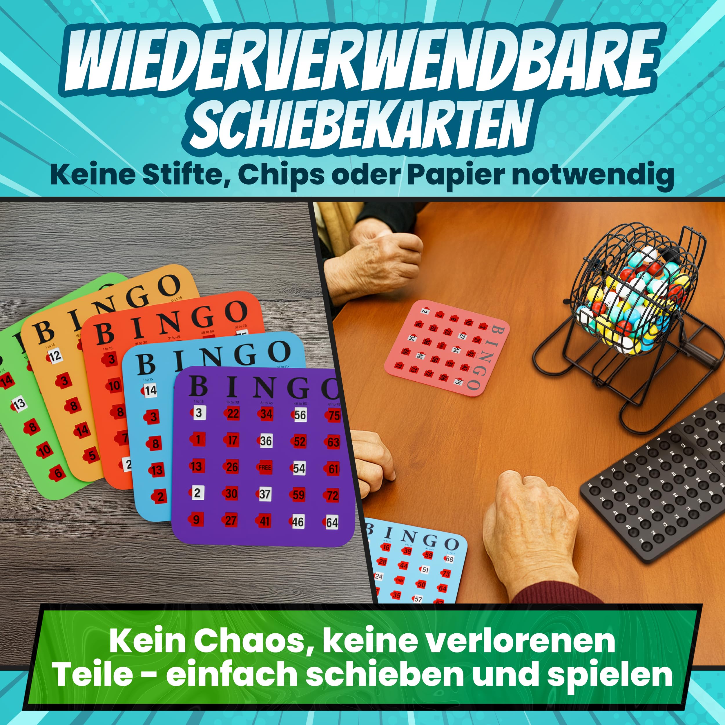 Bingo Spiel – Set mit Metalltrommel, Bingo Karten, Spielbrett & 75 Kugeln – 10 Wiederverwendbare Schiebekarten, Spiele für Senioren, Erwachsene & Kinder ab 6 – Familienspiel, Partyspiel