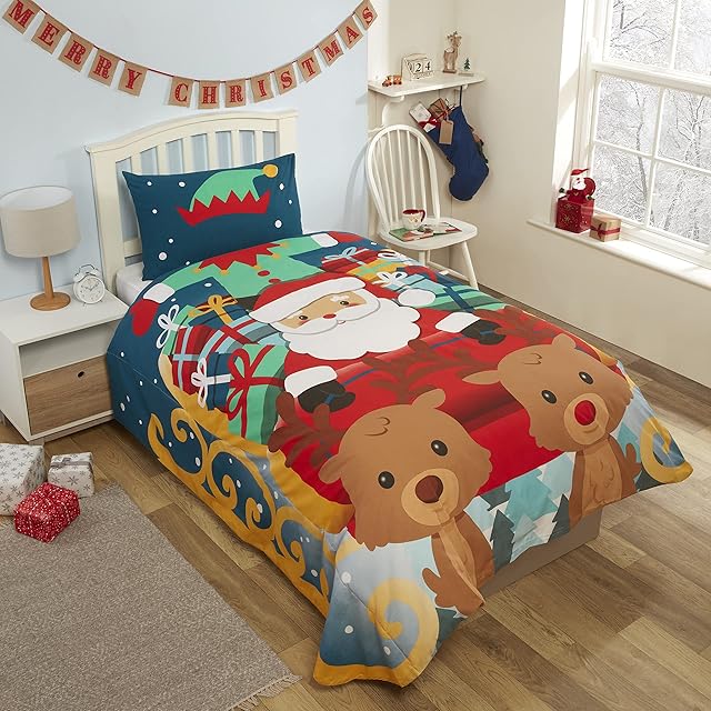 Coco Moon Kids Reversible Christmas Santa Sleigh Single Xmas Duvet And Pillow Bedding Set For Boys And Girls