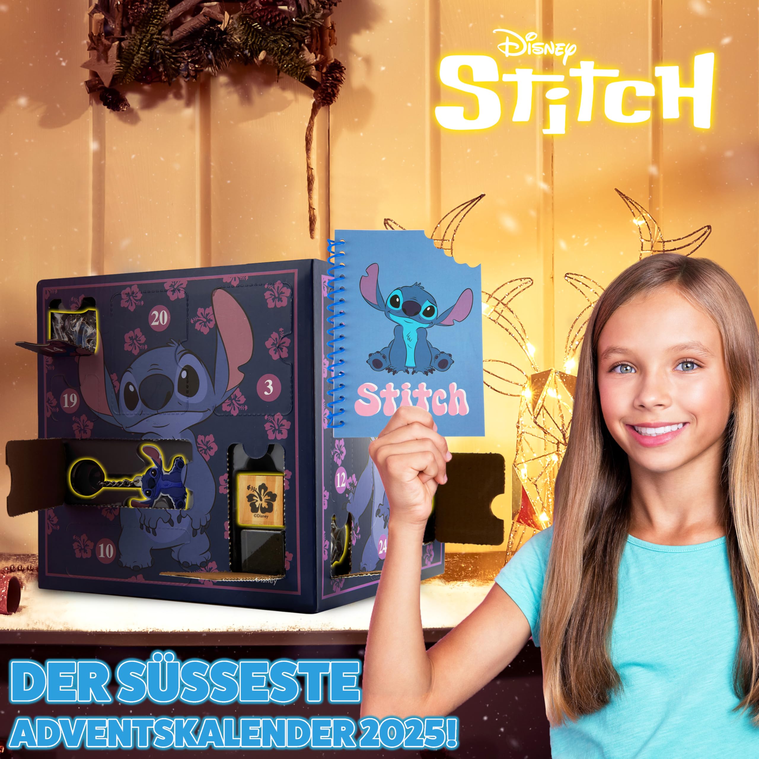 Disney Stitch Adventskalender 2025 Kinder Jugendliche Weihnachtskalender mit 24 Überraschungen Schreibwaren oder Haarschmuck Mädchen Geschenk Idee (Lila Stitch Würfel)