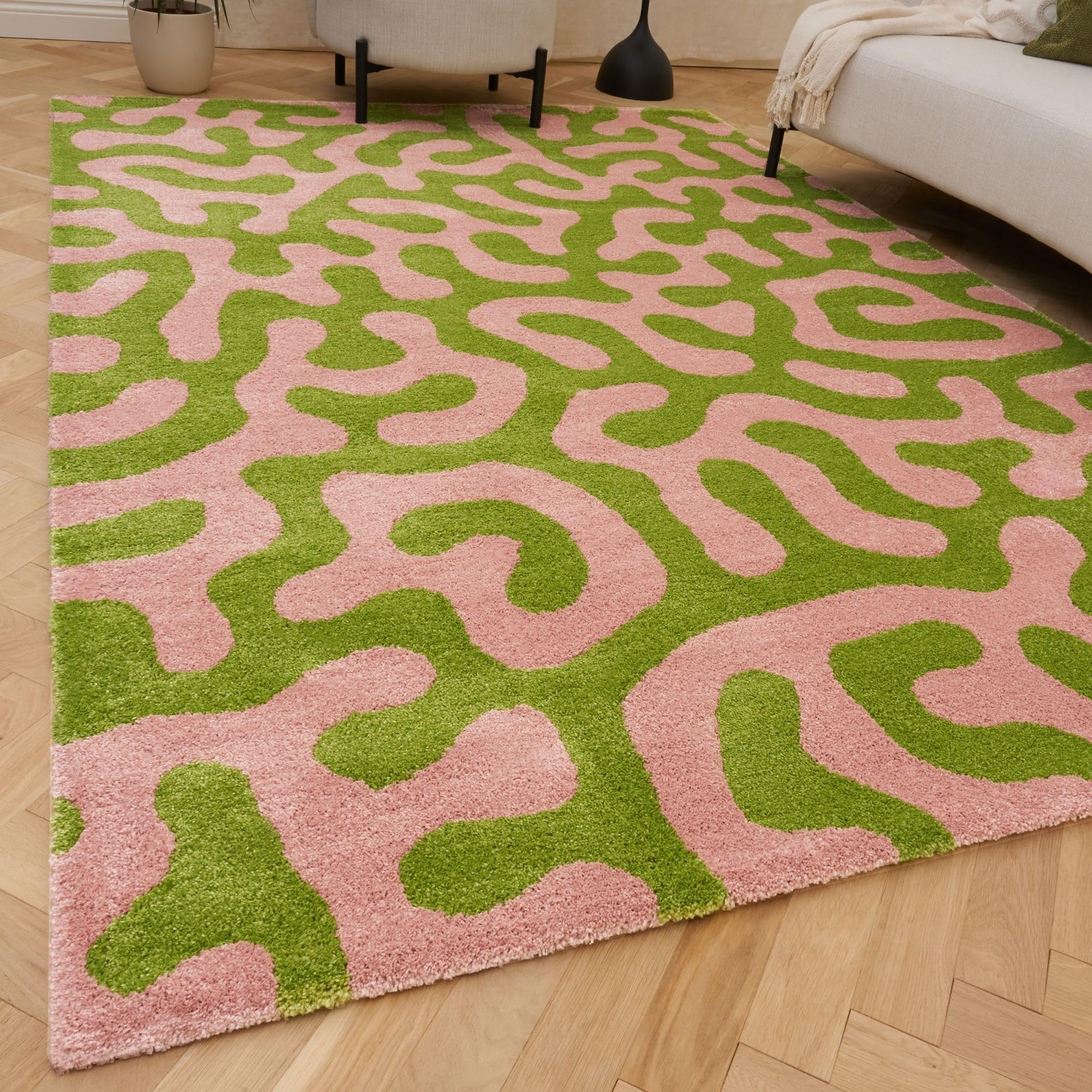THE RUGS Joli Area Rug - Soft Dense Pile Modern Artistic Design, Durable & Easy Care Carpet for Living Room & Bedroom - Doodle Green & Pink, 120 x 170 cm