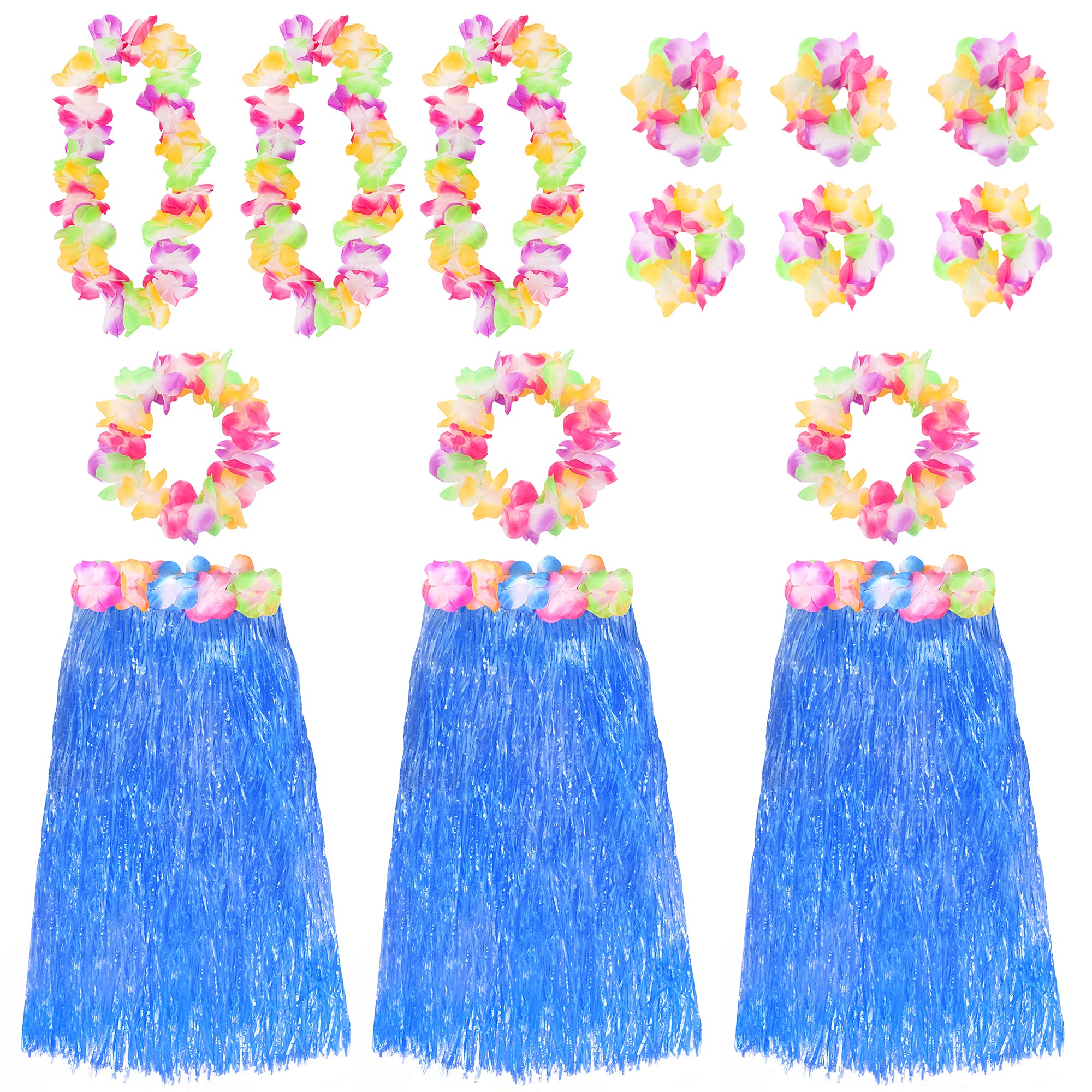 Blue Hawaiian Hula Skirt and Multicoloured Lei Set X3 - Flower Necklace, Headband and Bracelet - 80cm Grass Hula - Luau - Fancy Dress Costume Accessory