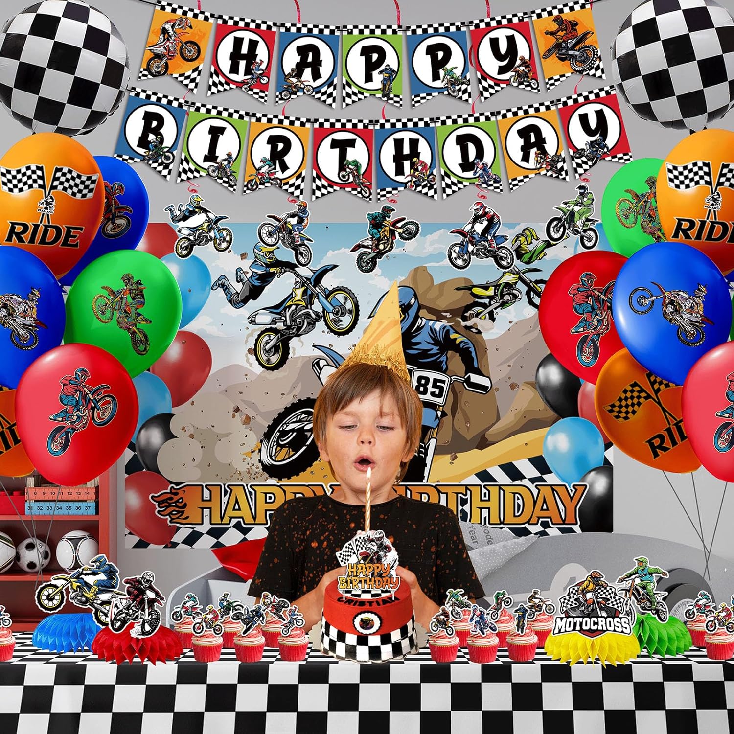 Dirt Bike Birthday Decorations Motocross Theme Party Supplies Contains motorcycle Backdrop Banner Balloons Cake Toppers Hanging Swirl Stickers