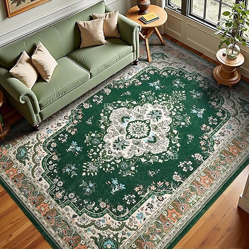 HOMORE 4x6 Washable Rug Green Rugs for Bedroom, Non Slip Rug for Living Room, Faux Wool Throw Carpet for Kitchen, Vintage Rugs for Entryway for Dinning Room Office
