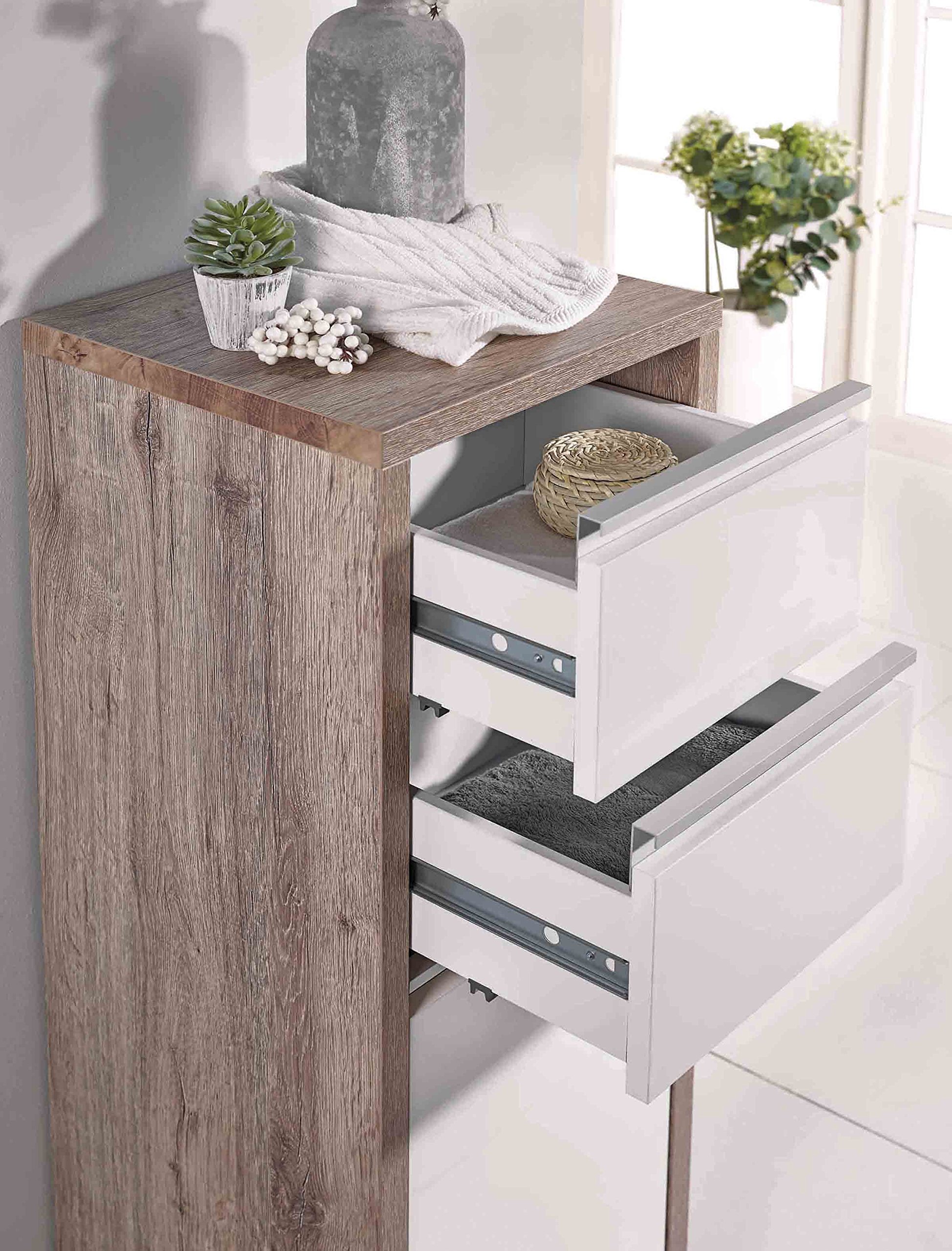 Schildmeyer Bello Midischrank 138176, wildeiche Dekor/weiß glanz, 34,5 / 33 / 97 cm