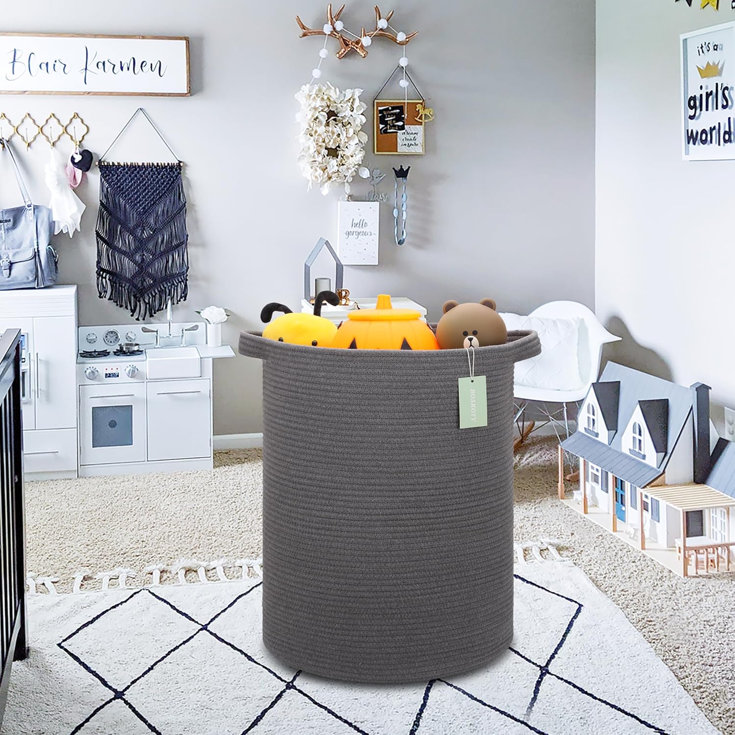 Extra Large Cotton Rope Basket For Girls Boys Kids 87L and Tall Cotton Rope Laundry Basket Hamper for Clothes 72L, Woven Storage Basket for Living Room Bedroom, Tall Rope Baskets, Dark Gray