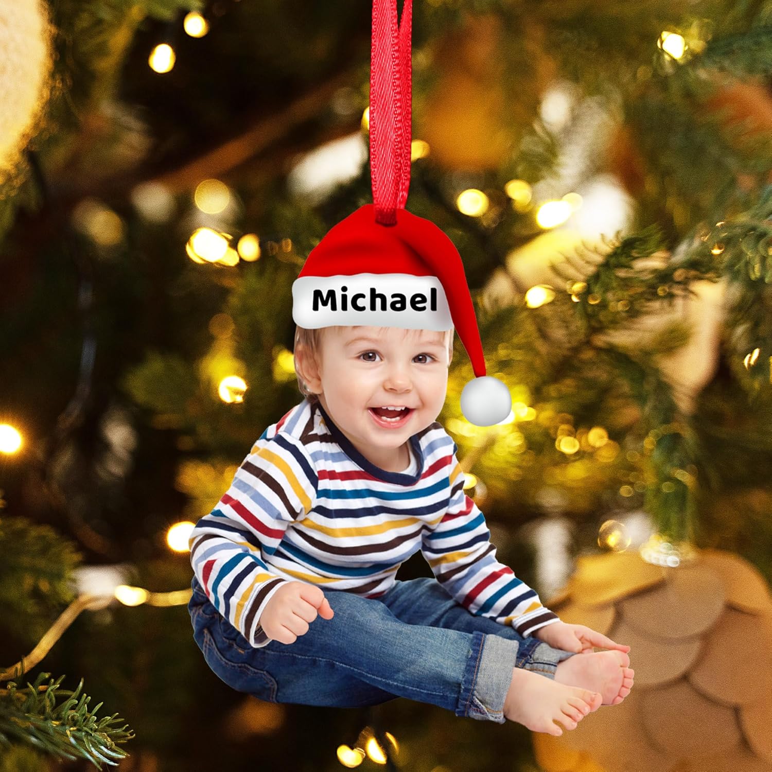 Personalized Acrylic Christmas Ornaments 2025, Custom Kids Name Photo Xmas Tree Decoration Customized Photo Gift Hanging Xmas Ornaments Gift for Family Friends Christmas Birthday