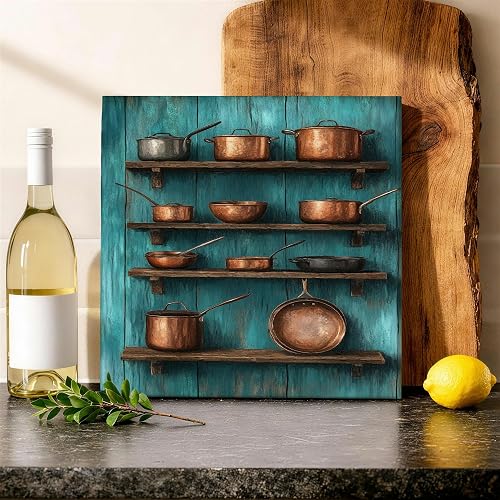Copper Pots Canvas Kitchen Wall Art, Rustic Vintage Wooden Shelves