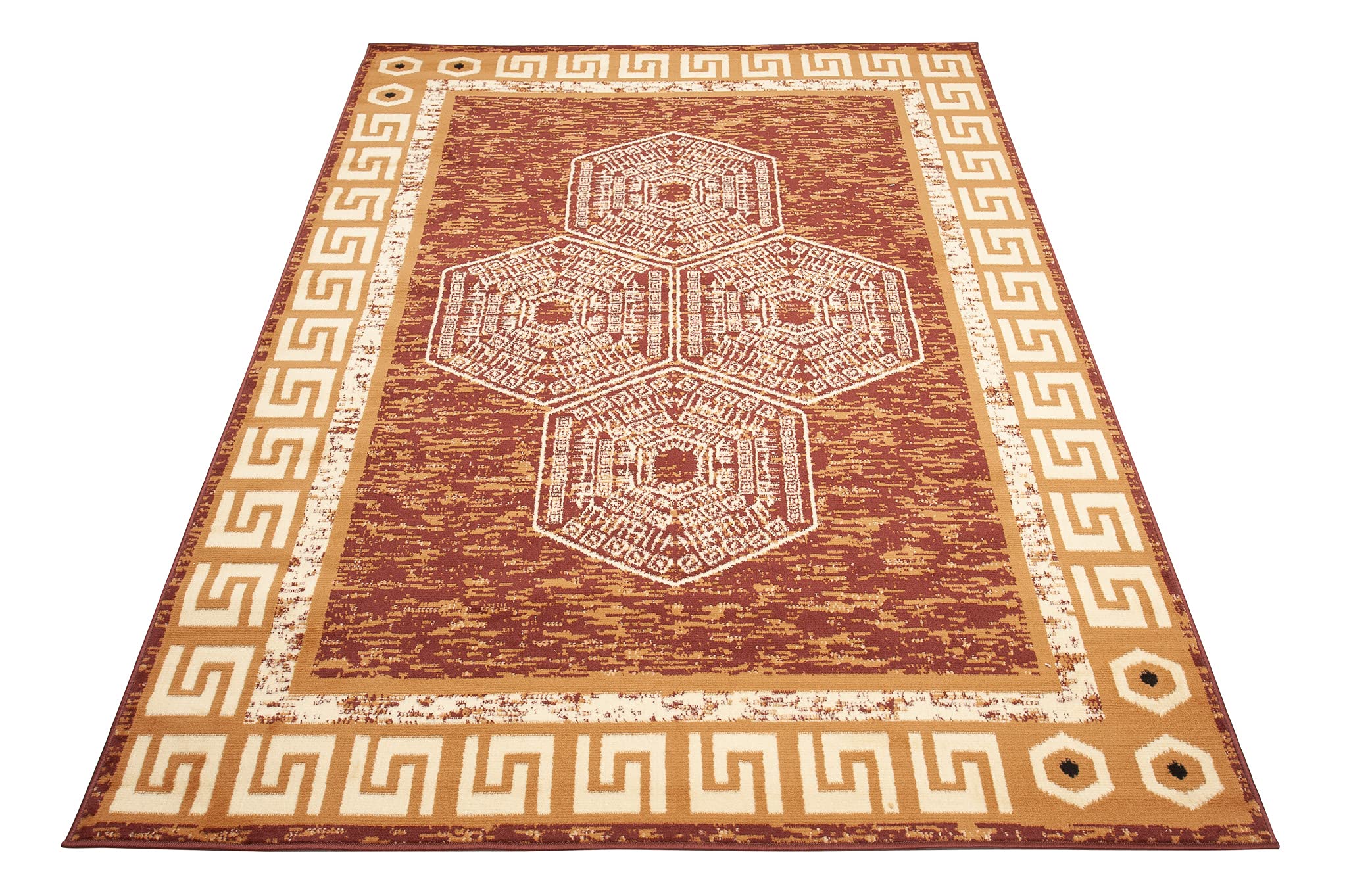 TAPISO Atena Tapis de Salon Chambre Ado Design Moderne Marron Sable Motif Grec Bordé Doux Fin Poil Court 140 x 200 cm