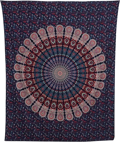 Miniatura 63 de Tapiz hippie indio bohemio psicodélico dorado mandala de pavo real azul dorado para colgar en la pared (naranja marrón, King (88 x 104 pulgadas)