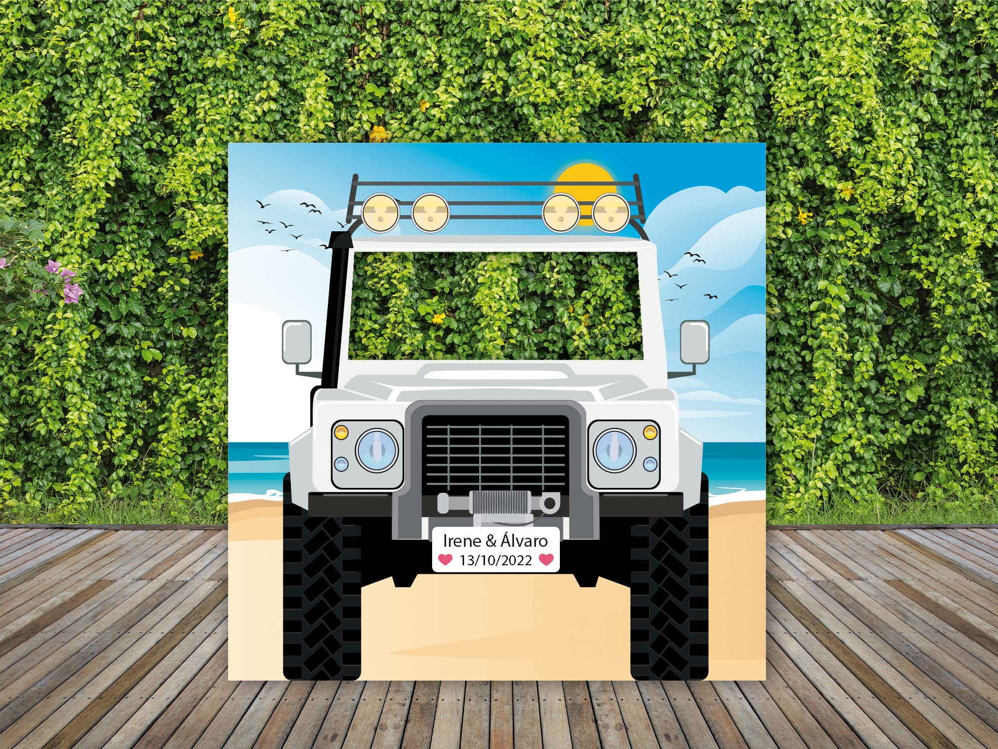 Oedim Photocall en Cartón Coche Blanco Playa Personalizado Boda, 140x140cm, Photocall Decorativo para Eventos o Celebraciones puntuales, Photocall Divertido