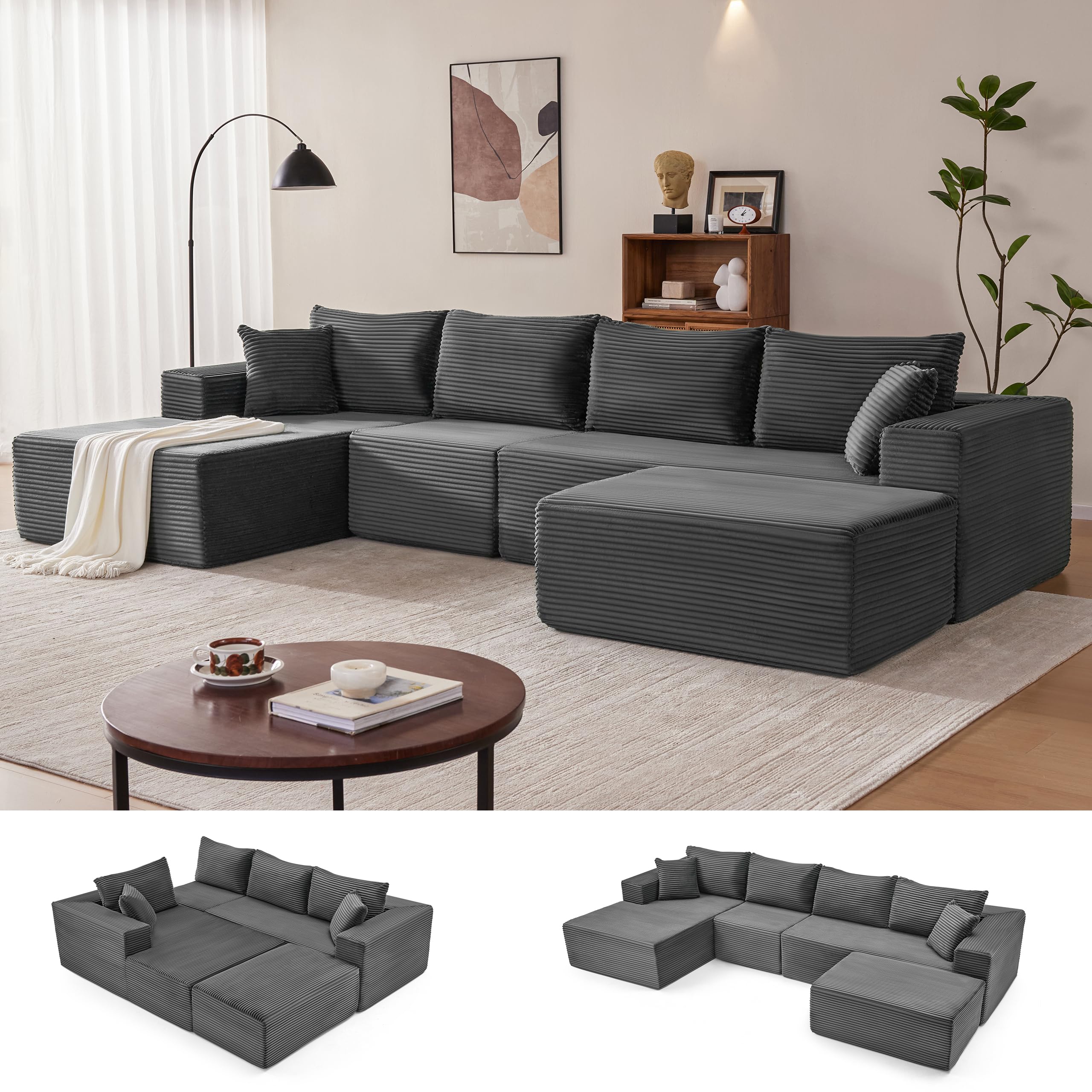 Mangodan 140” Cloud Sectional Couch, Modular Sectional Sofa with Deep Seat, Boneless Sofa for Living Room, Fluffy Comfy U-Shaped Couch with Left Facing Chaise, No Assembly Required, Grey