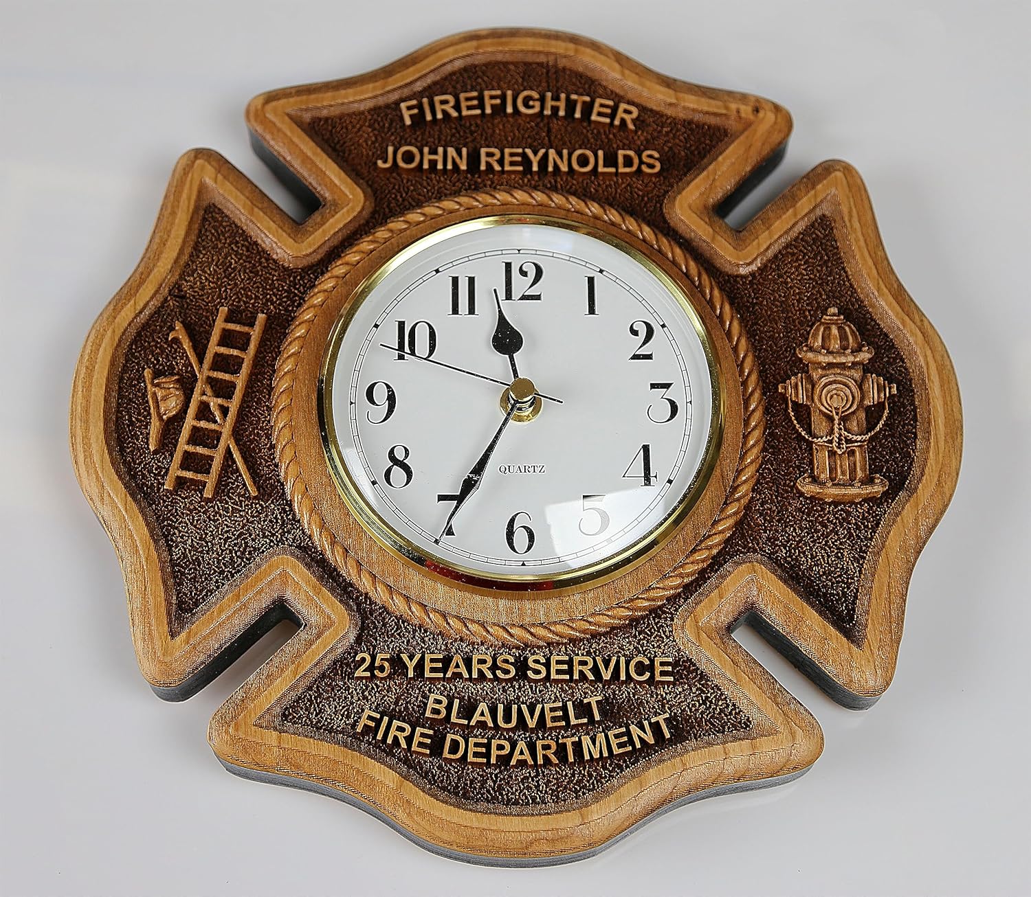 Personalized Maltese Cross Firefighter Clock - Fireman Hardwood Wall Clock Maple or Cherry (Cherry)