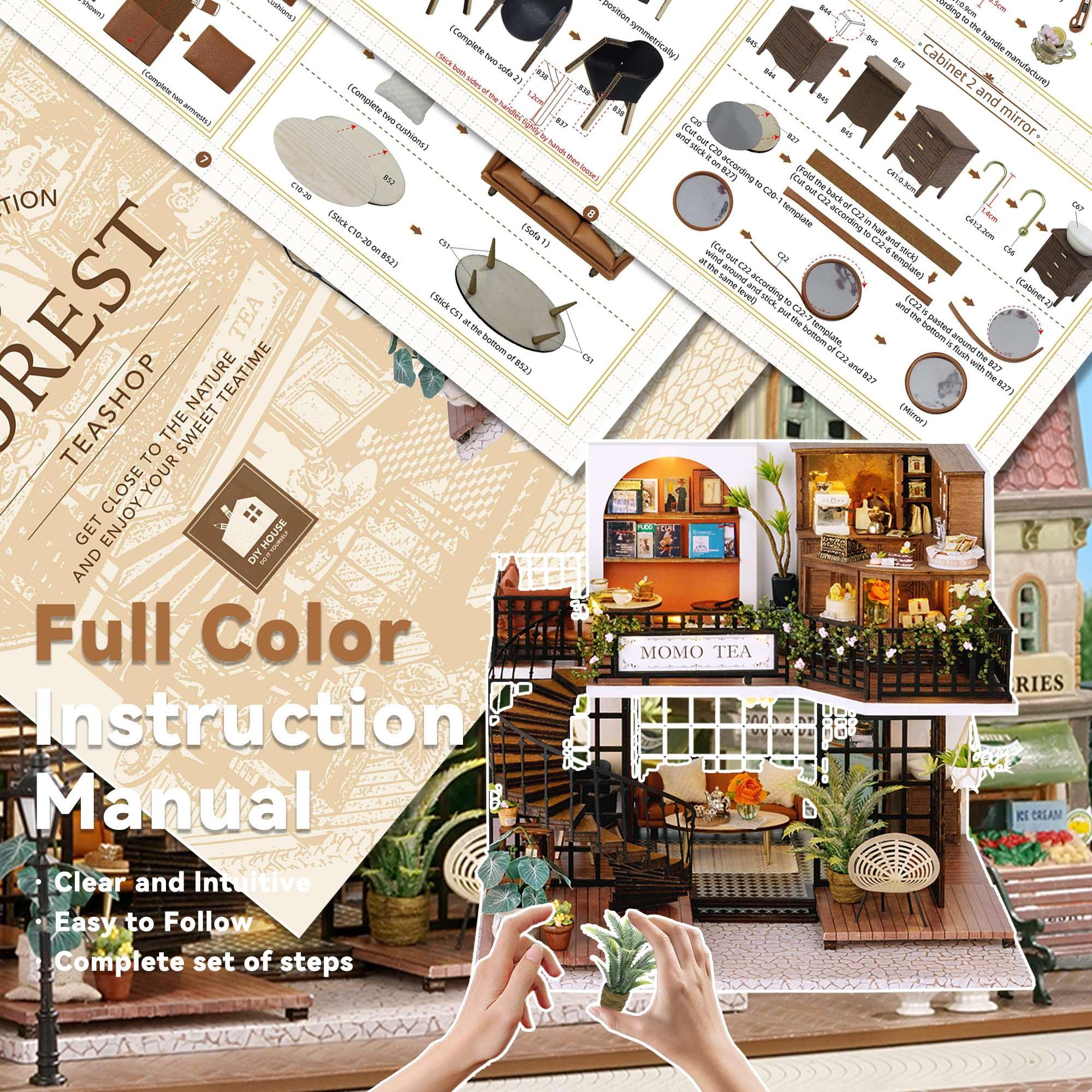 Kit de casa de muñecas en miniatura, habitación creativa con muebles para regalo romántico de obras de arte (Forest Teashop) 7