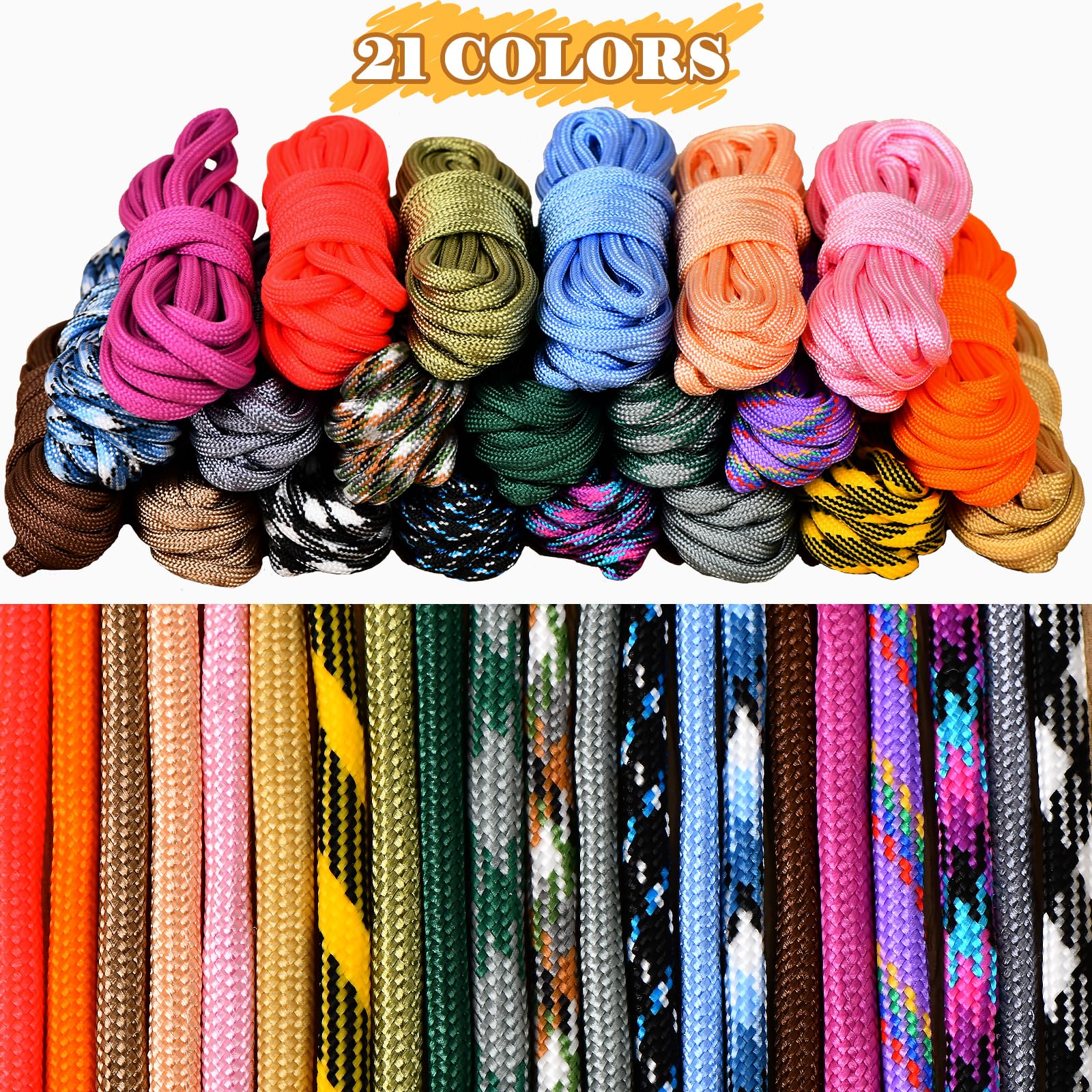 Paracord 550 Paracord-Bastelset zur Herstellung von Armbändern, Hundehalsbändern, Schlüsselband, Multifunktions-Fallschirmschnur-Kombination (A, 21 Farben)