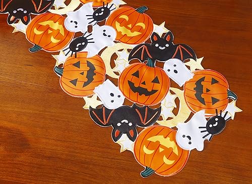 Miniatura 6 de Camino de mesa navideño de Halloween de 13 x 36 pulgadas, apliques bordados de calabazas y murciélagos para decoración de mesa de Acción de Gracias