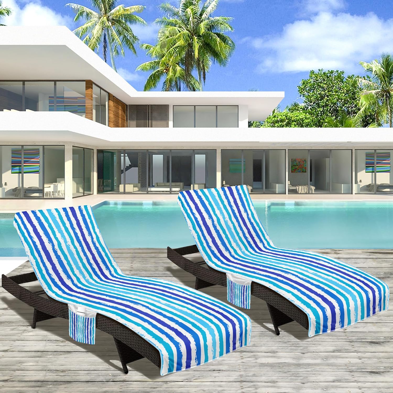 Lounge Chair Towel Cover, Beach Chair Towel (Pack of 2), Lounge Chair Towels with Fitted Top Pocket for Beach Pool Garden Courtyard Outdoor, 85 x 30 in,Striped Turquoise Blue