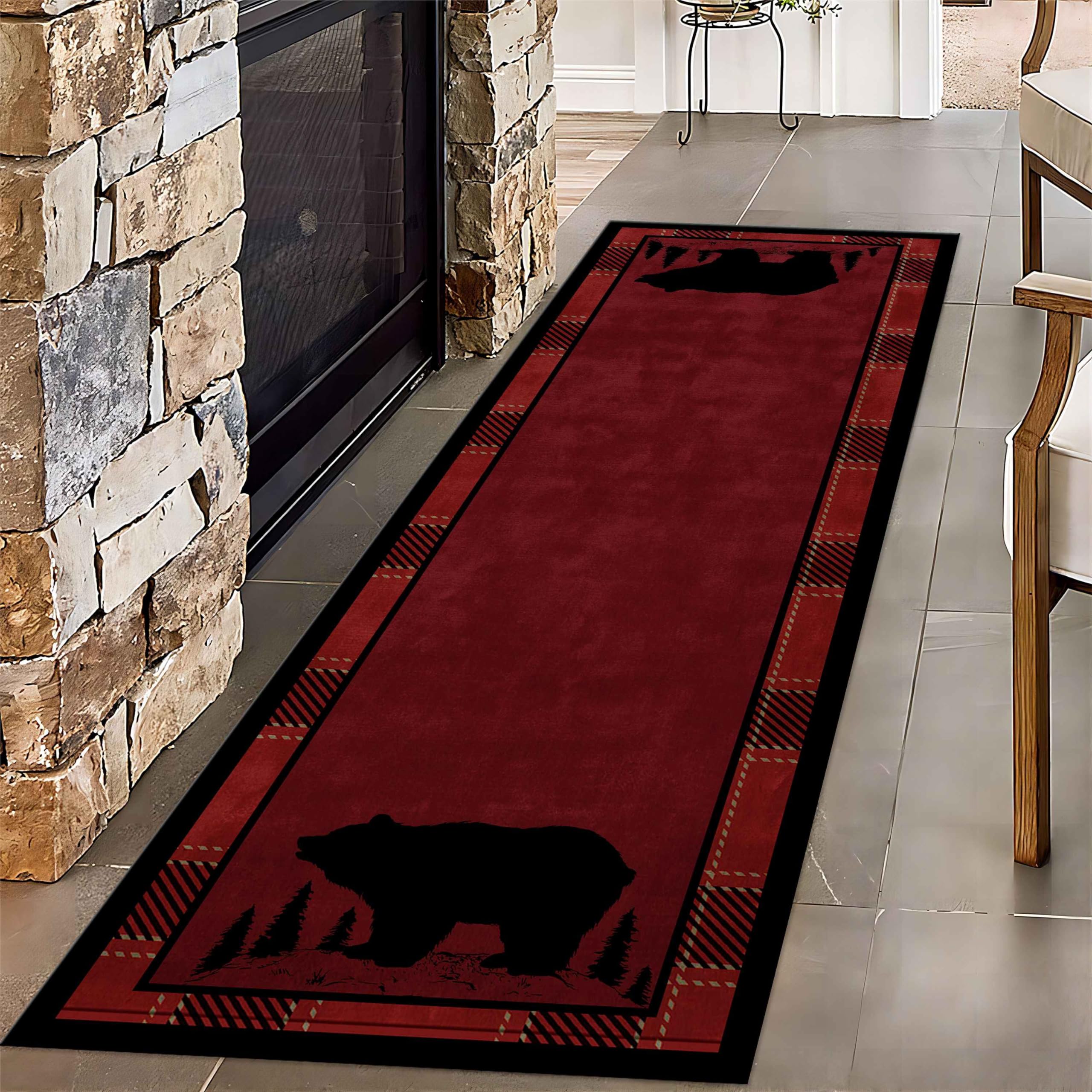 LHOMKCV Lodge Cabin Black Bear Runner Rug, 2x6ft, Wildlife Bear Forest Woodland Hallway Rugs, Red and Black Buffalo Plaid Border Long Runner, Non-Slip