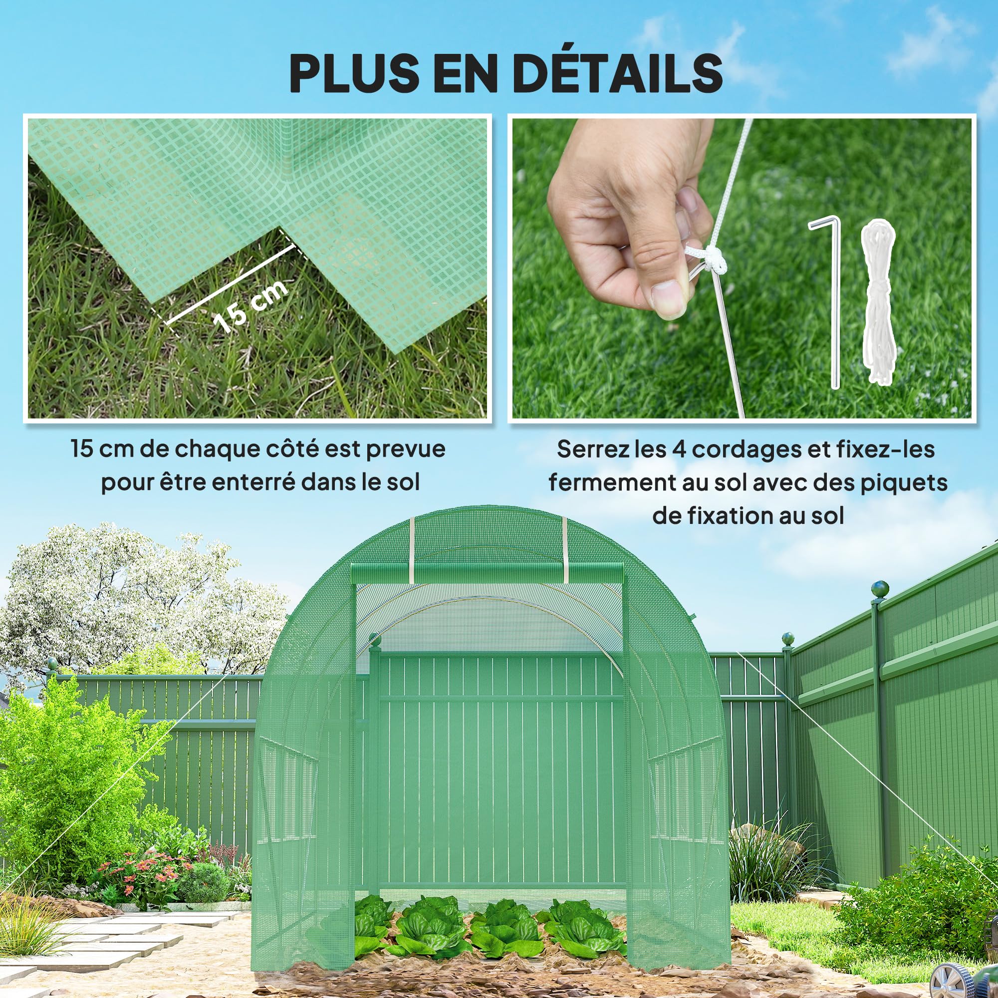 Outsunny Serra da giardino a tunnel, superficie del terreno, 7 m², 3,5 x 2 x 2 m, telaio tubolare rinforzato con cerniera, 6 finestre avvolgibili, colore: verde