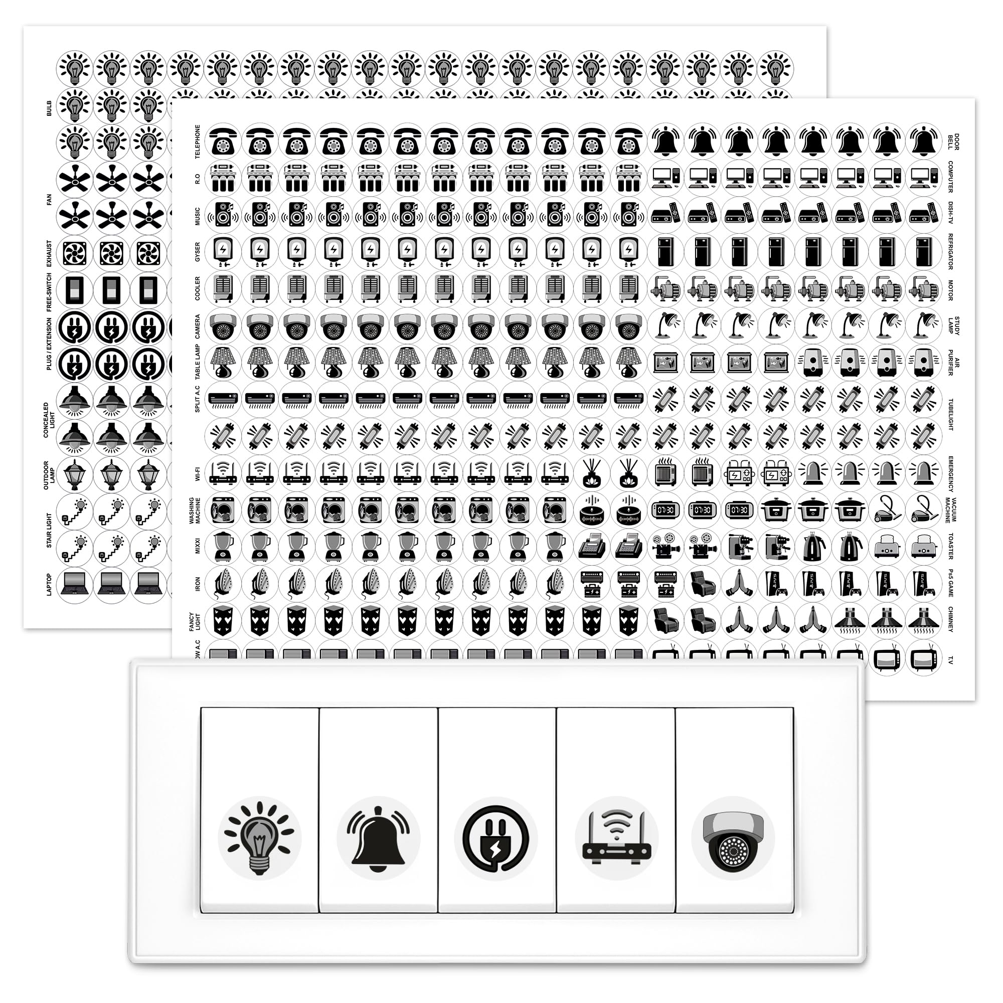 GLUN® 600 Monochrome Black Switch Board Stickers 60+ Icons | Luxury Vinyl Decorative Switch Stickers for Home, Hotel & Office | Self Adhesive, Waterproof & Removable